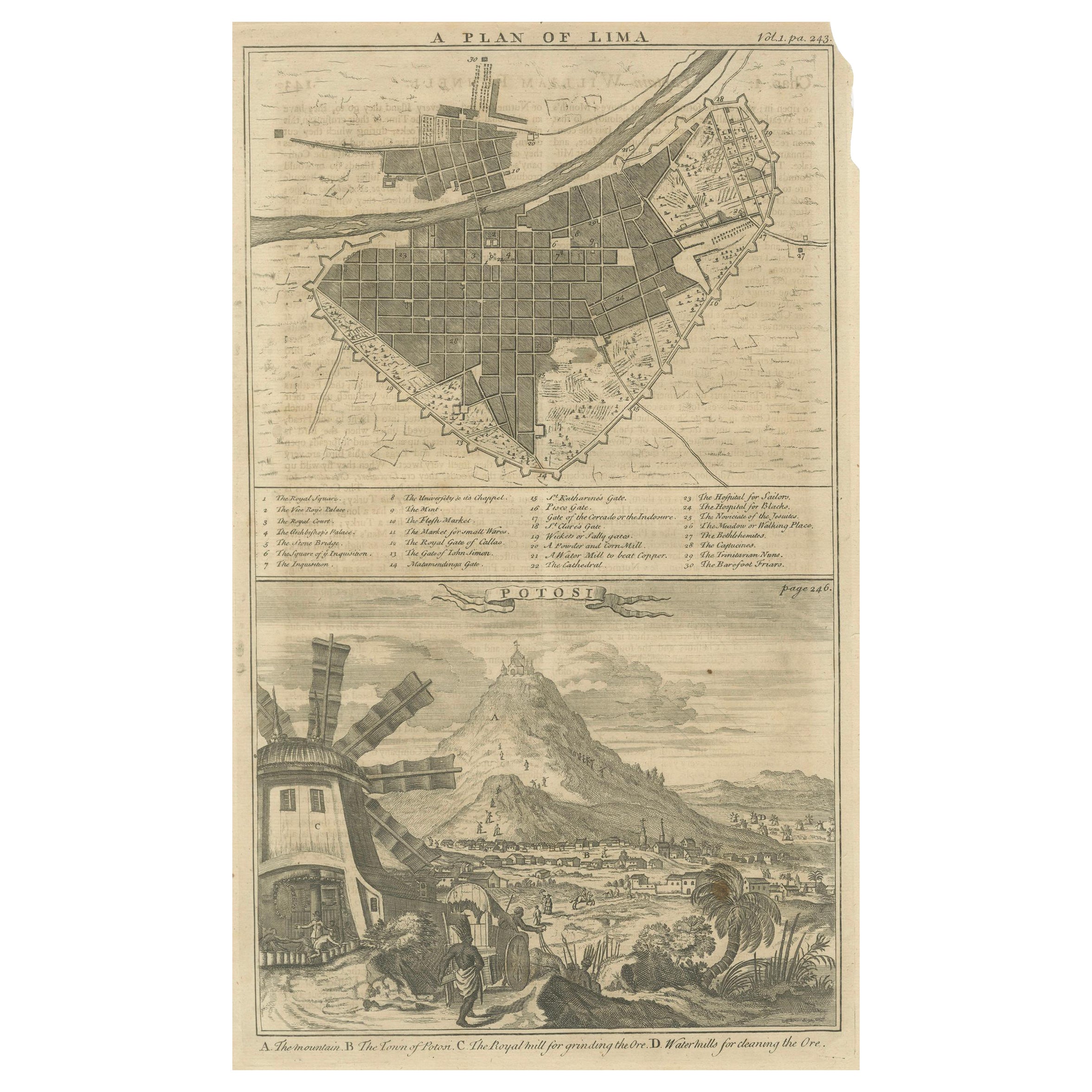 Plan of Lima and View of Potosí – Peru 
Bolivia City Plan and Mining View, 1750 For Sale