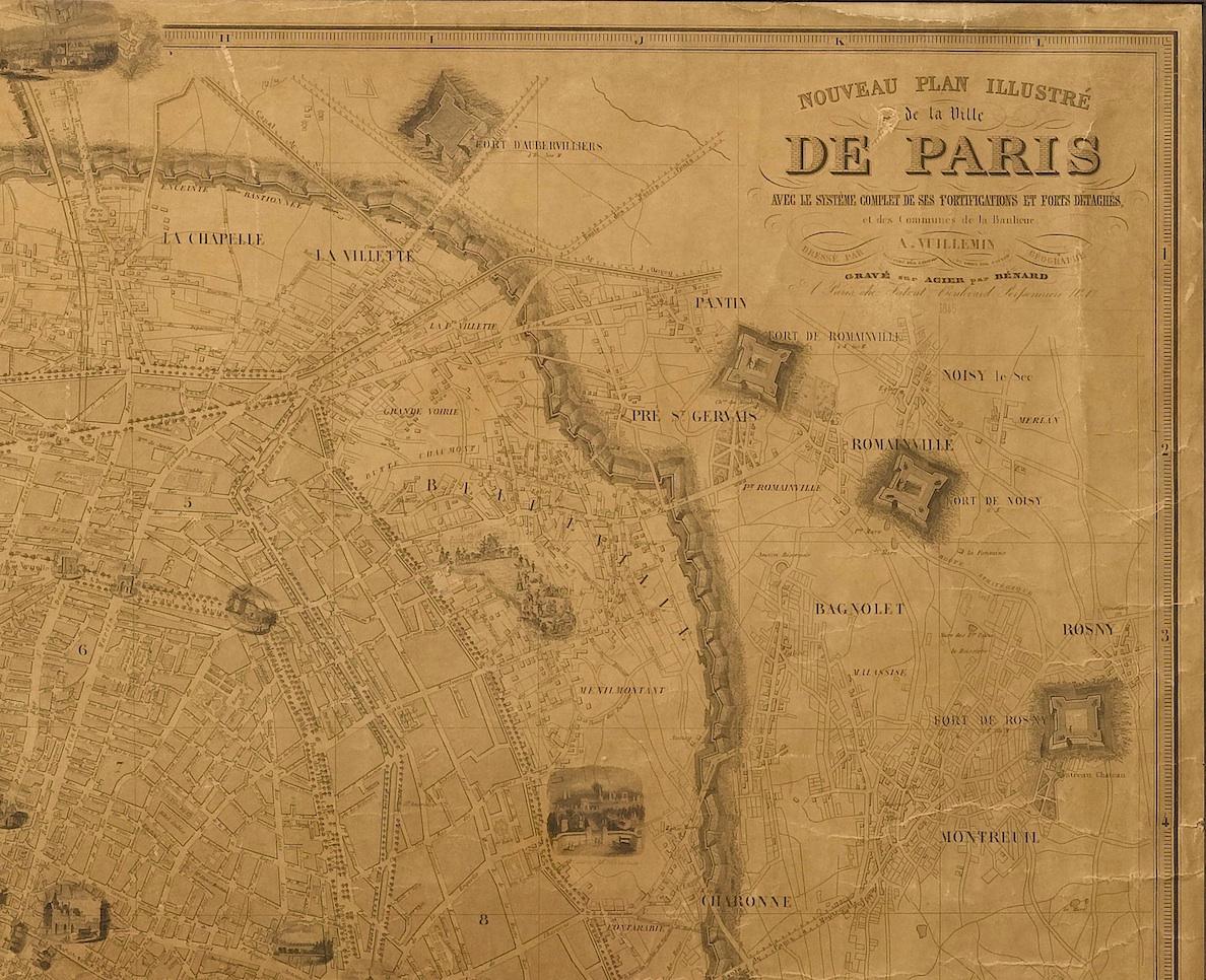 This large and detailed plan of Paris was published by Alexandre Vuillemin in 1845. The map conveys a wonderful amount of information and is decorated throughout with pictorial vignettes of major buildings, bridges, trains, and monuments.

It also