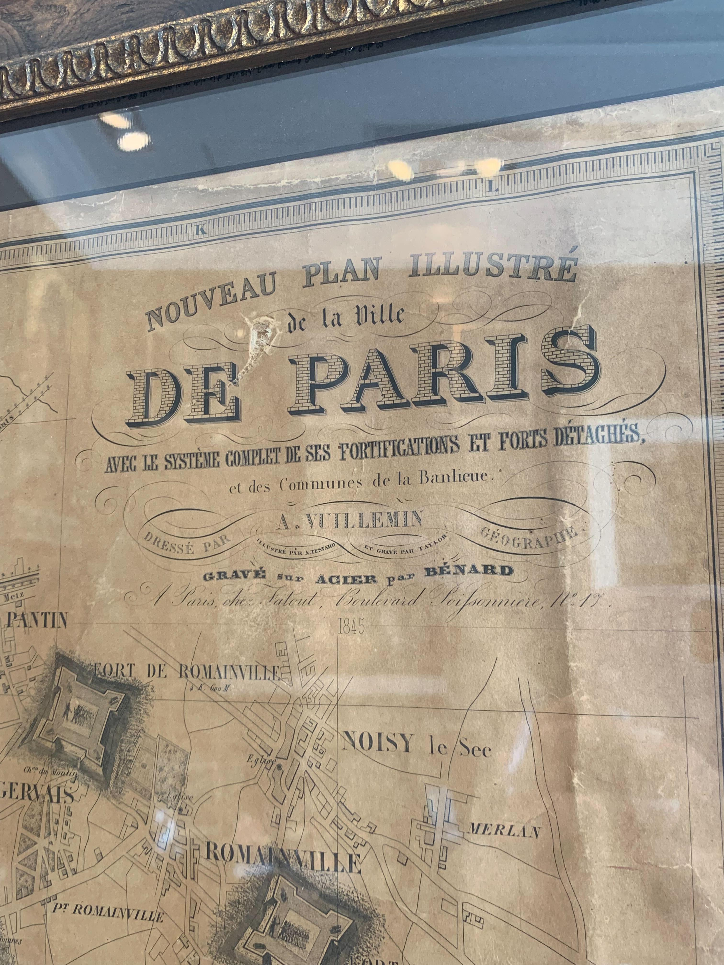 Plan de Paris, France, par A. Vuillemin, Carte ancienne, 1845 en vente 2