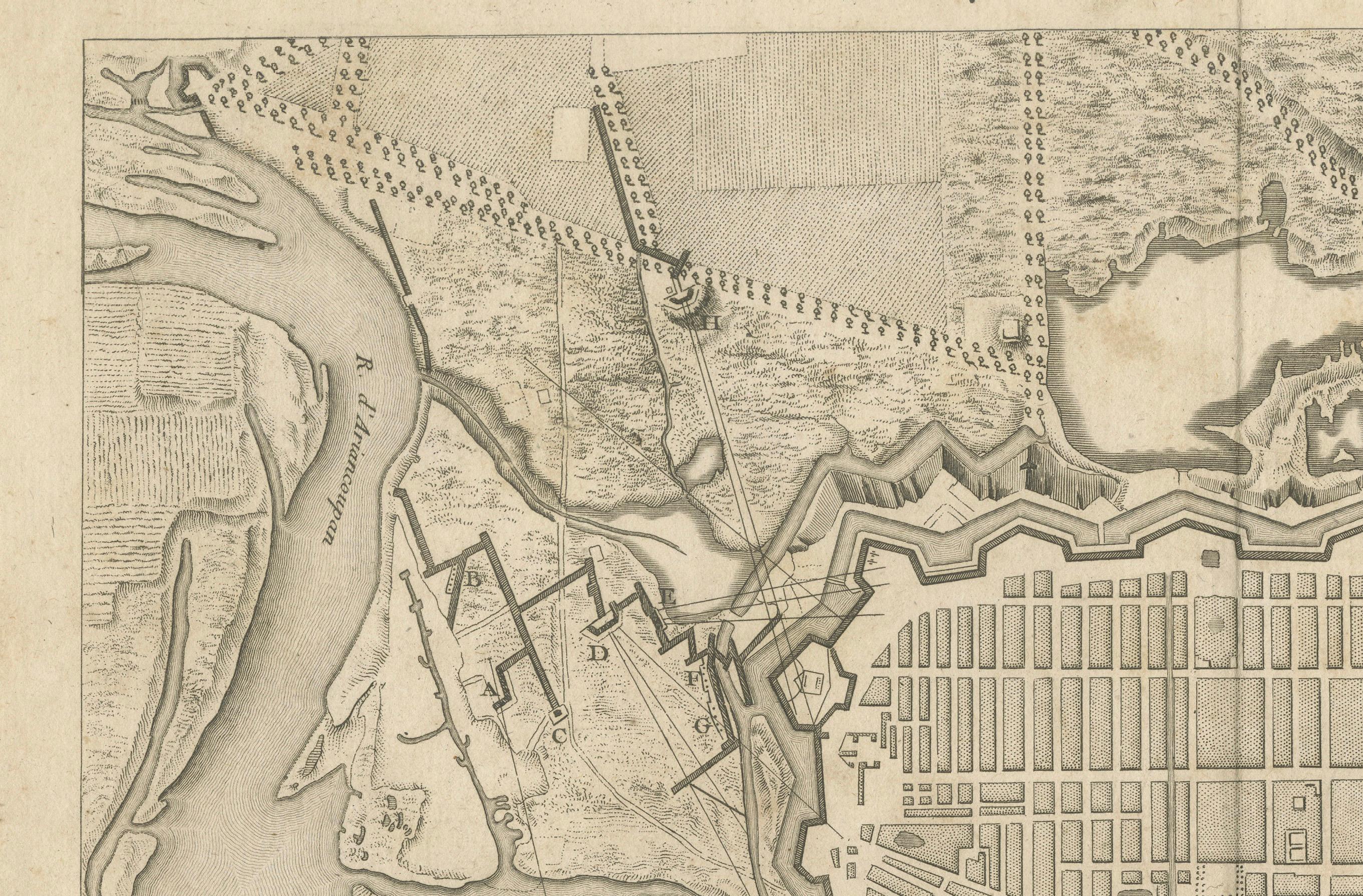 Plan des fortifications et des attaques de Pondichéry, France, c.1750 État moyen - En vente à Langweer, NL