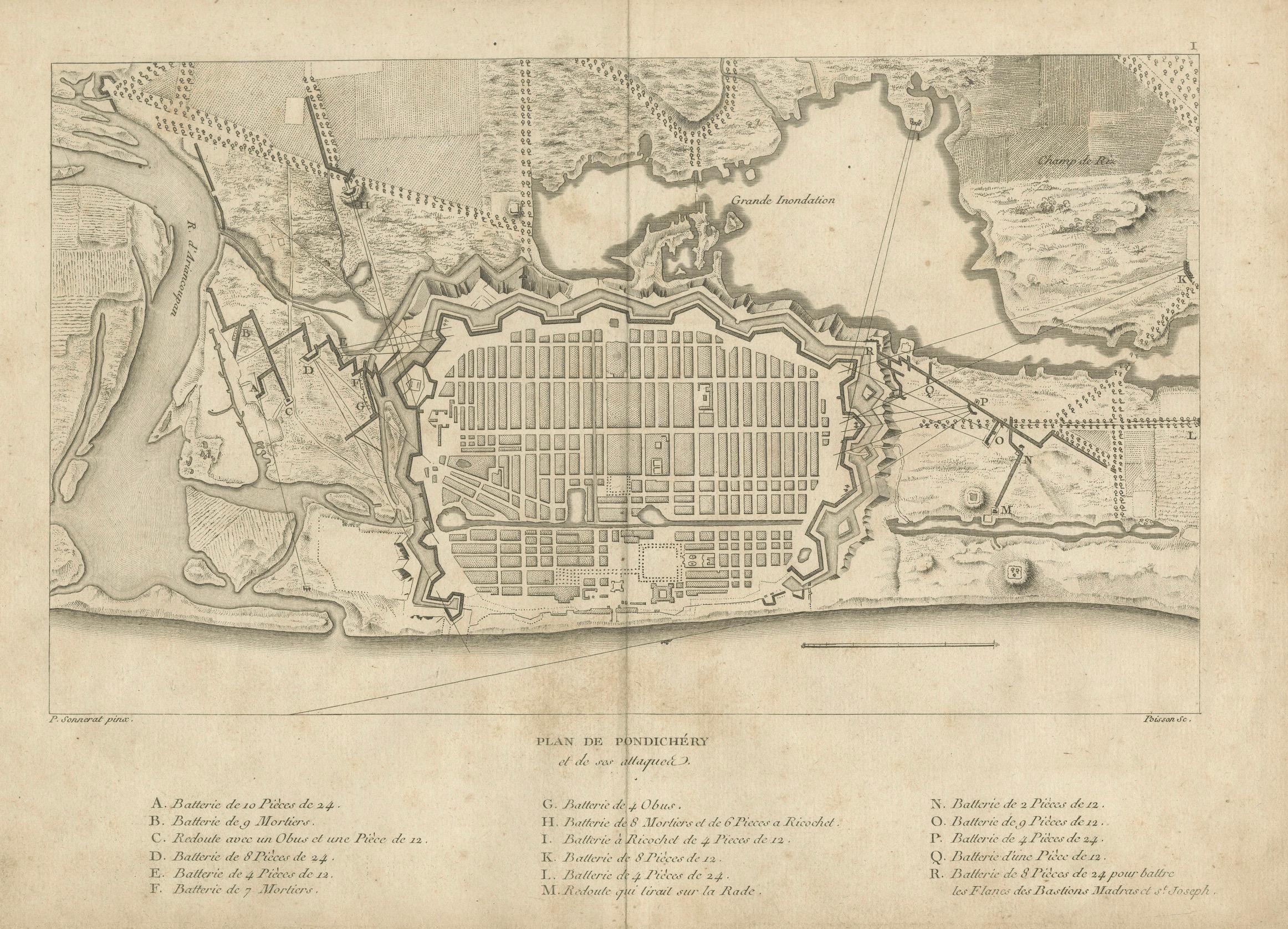 Plan des fortifications et des attaques de Pondichéry, France, c.1750 en vente 1