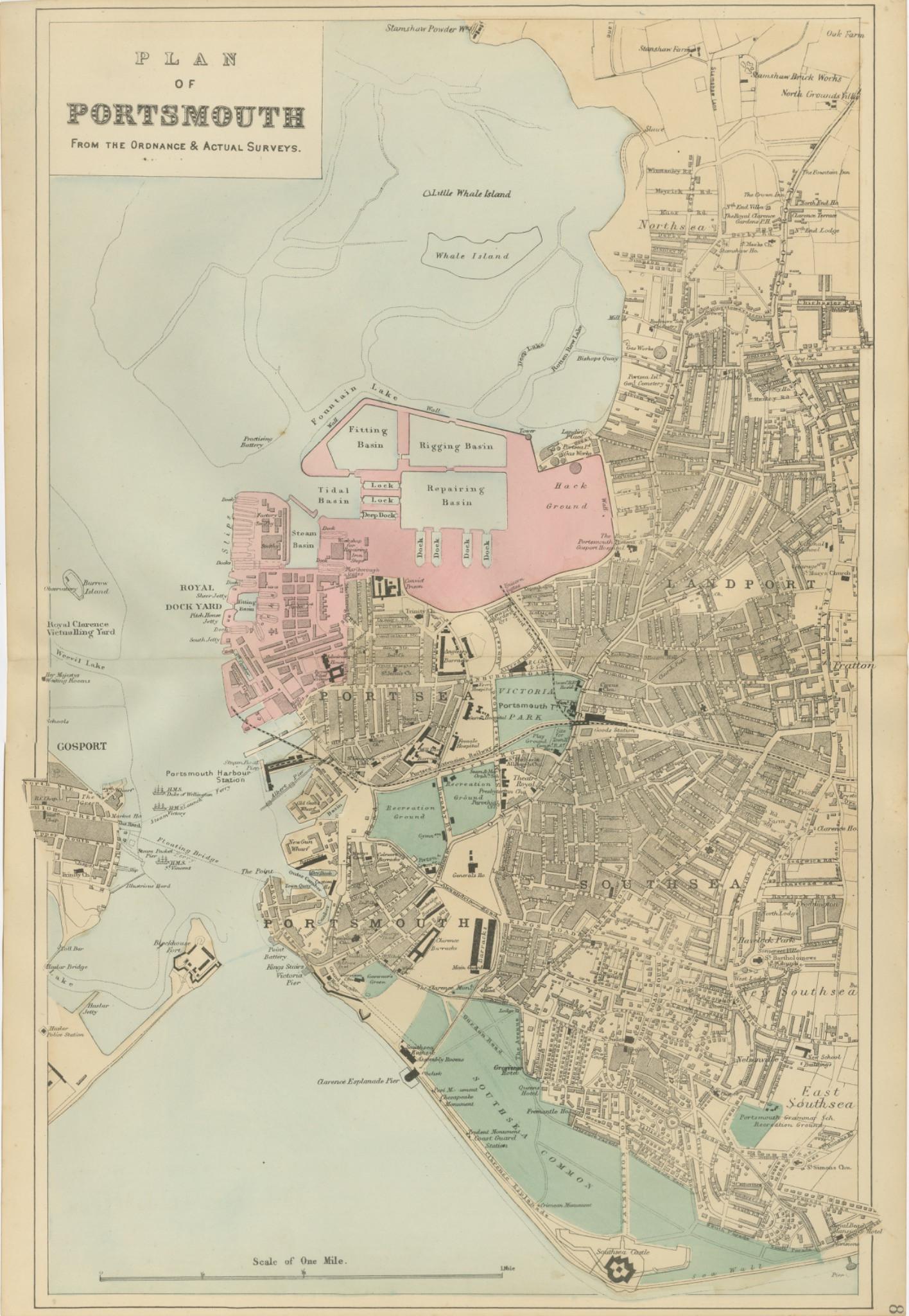 Plan of Portsmouth – Antique Town Map, George W. Bacon, Ordnance Atlas, 1885