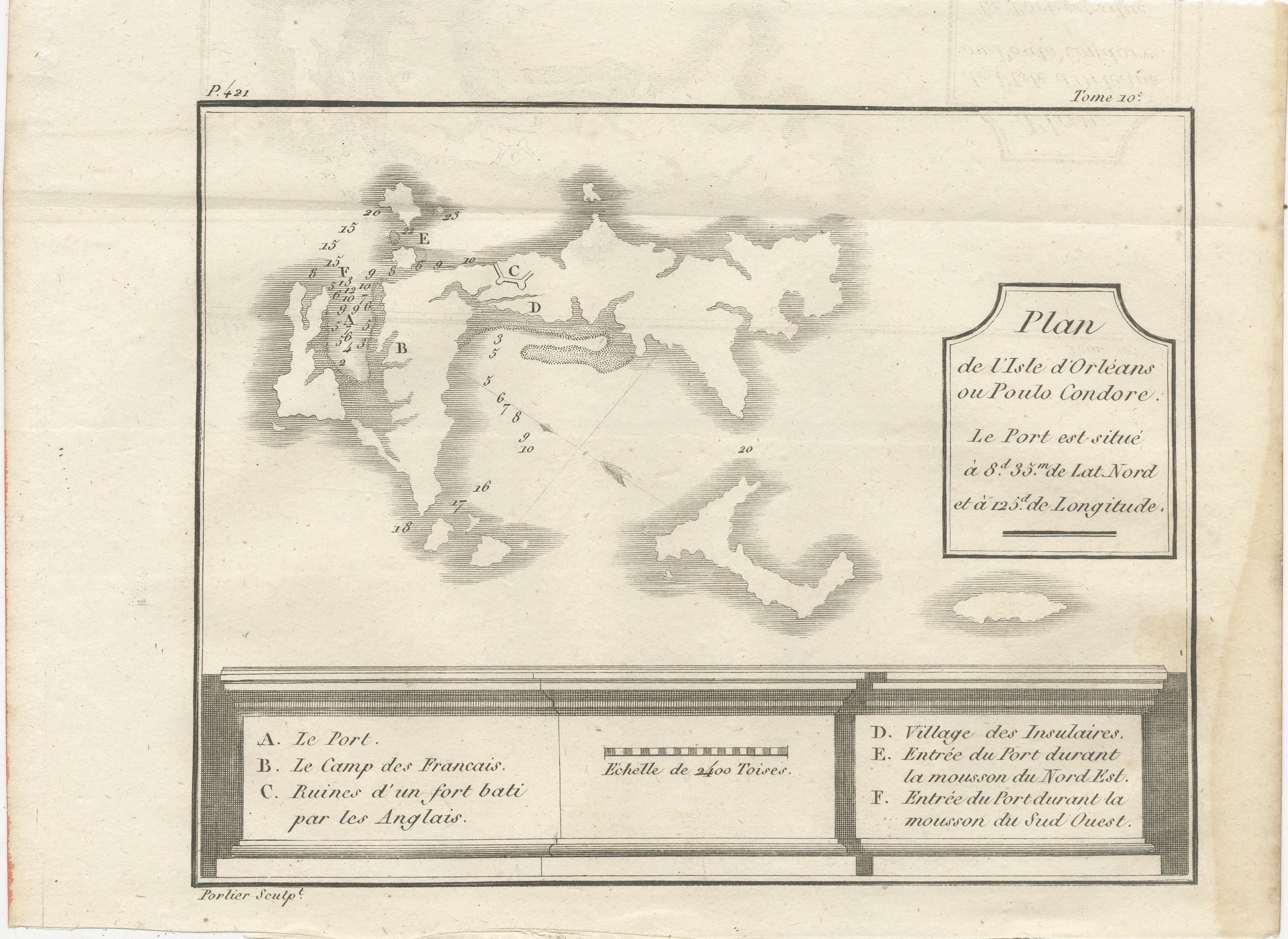 Plan de Poulo Condore (île de Côn Sơn) - Gravure française ancienne de Portier, c.1790

Cette gravure française ancienne, réalisée par Portier vers 1790, présente un plan détaillé de Poulo Condore, aujourd'hui connue sous le nom d'île Côn Sơn dans