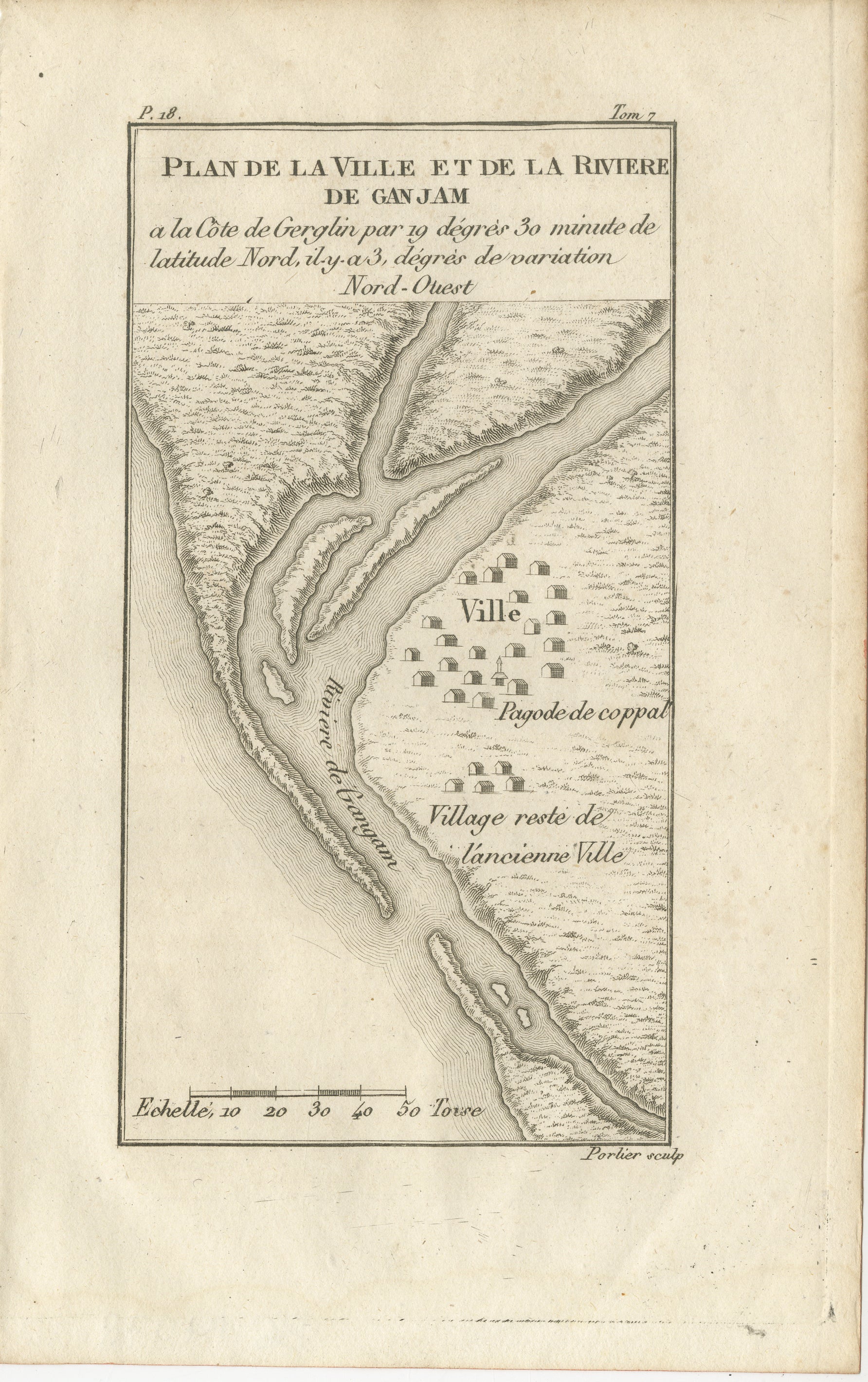 Plan de la ville et de la rivière de Ganjam, Inde - Carte française ancienne de Portier, c.1790

Cette gravure française ancienne représente un plan détaillé de la ville et de la rivière de Ganjam, située sur la côte de Coromandel, en Inde, à 19°30′
