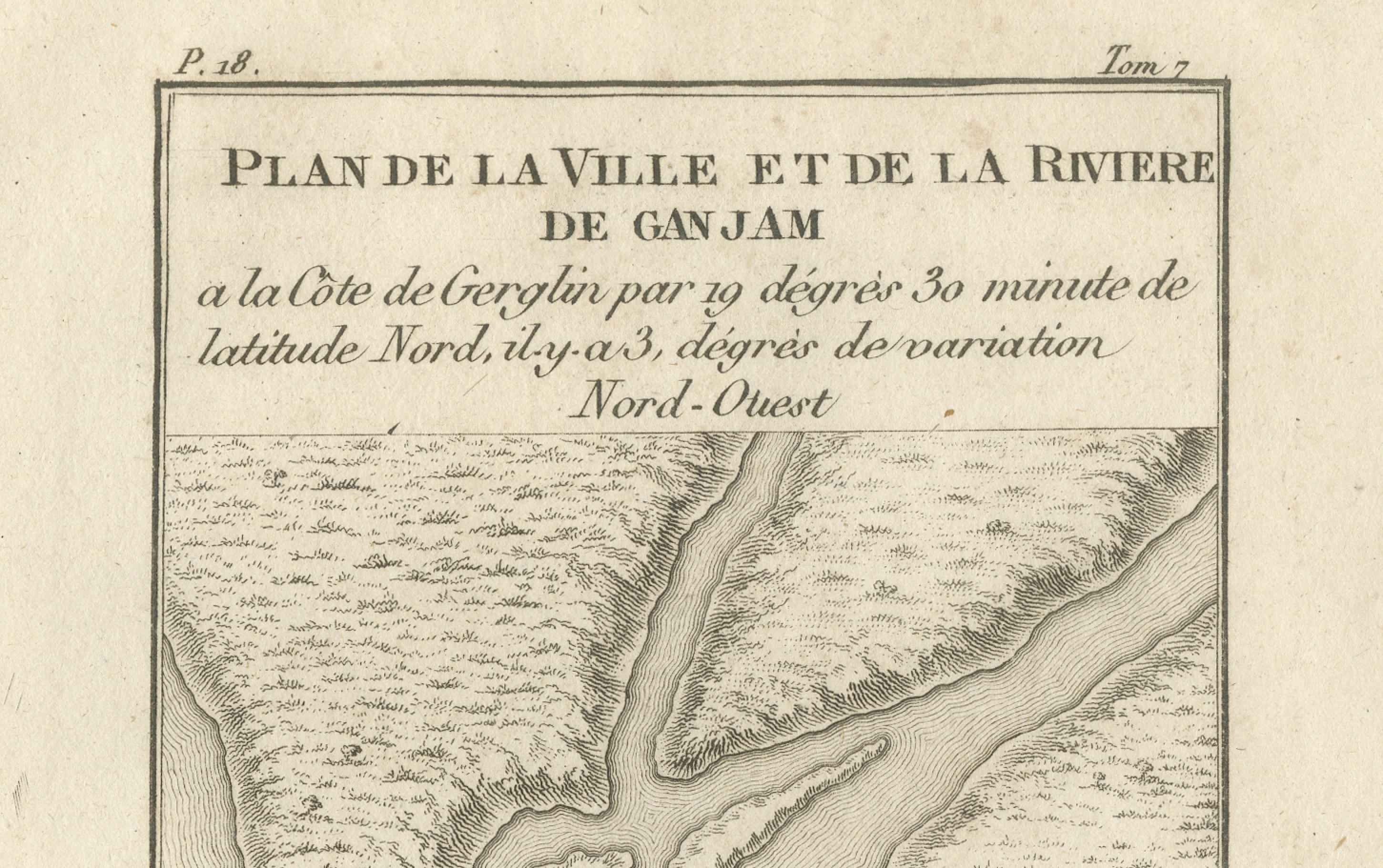 Plan de la ville et de la rivière de Ganjam, Inde - Antique French Map by Portier 1790 Bon état - En vente à Langweer, NL