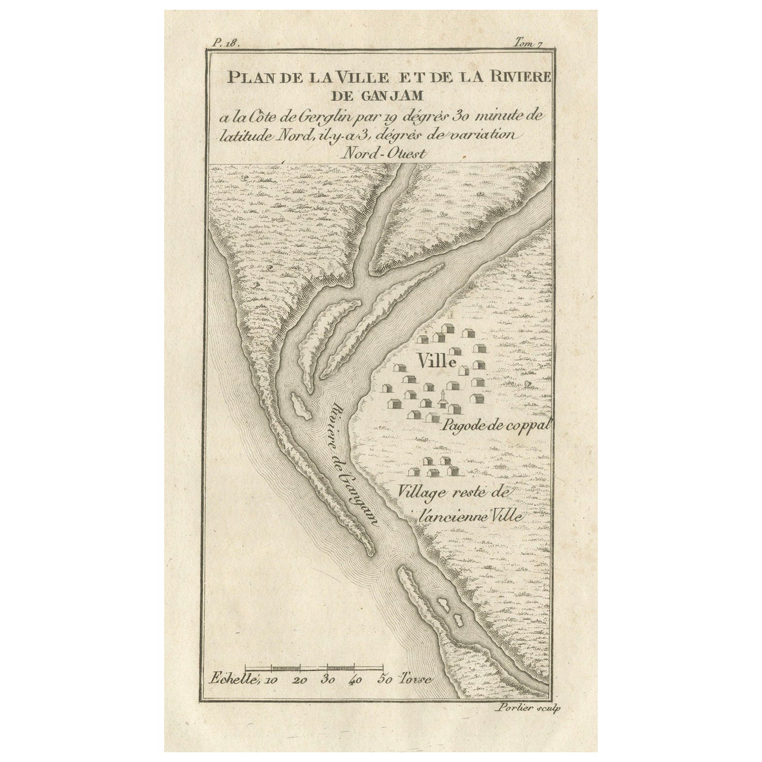 Plan de la ville et de la rivière de Ganjam, Inde - Antique French Map by Portier 1790