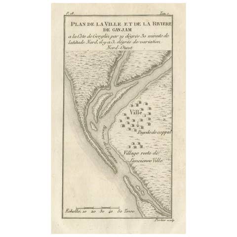 Plan of the Town and River of Ganjam, India – Antique French Map by Portier 1790