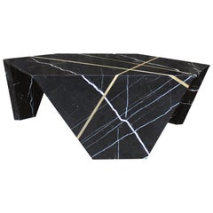 Planar Sculptural Marble Cocktail Table with Inlaid Bronze