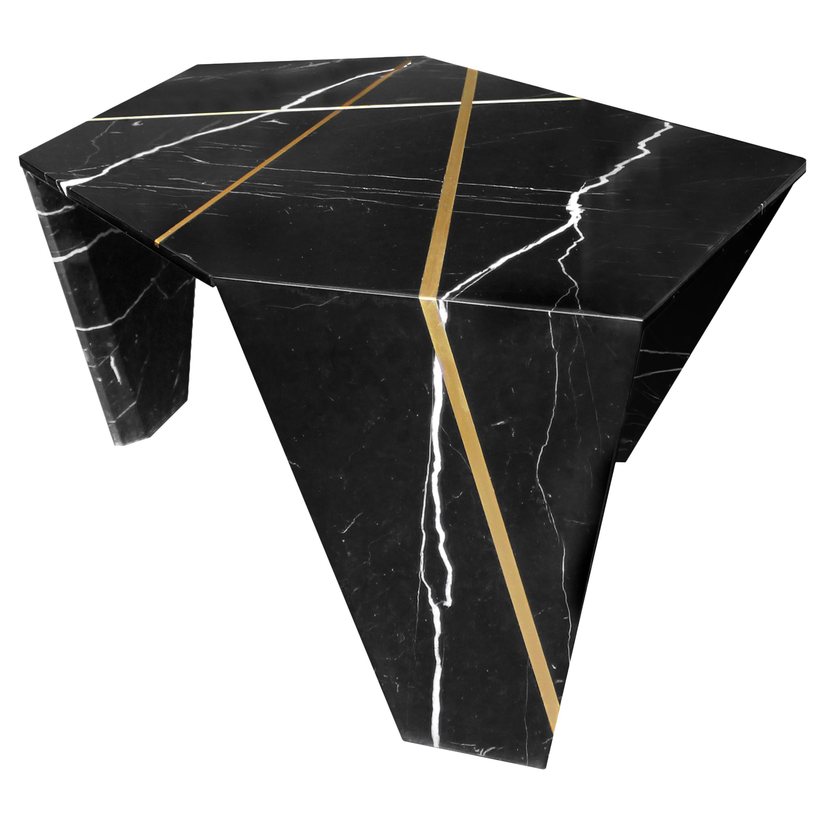 Planar Sculptural Marble Cocktail Table with Inlaid Bronze For Sale