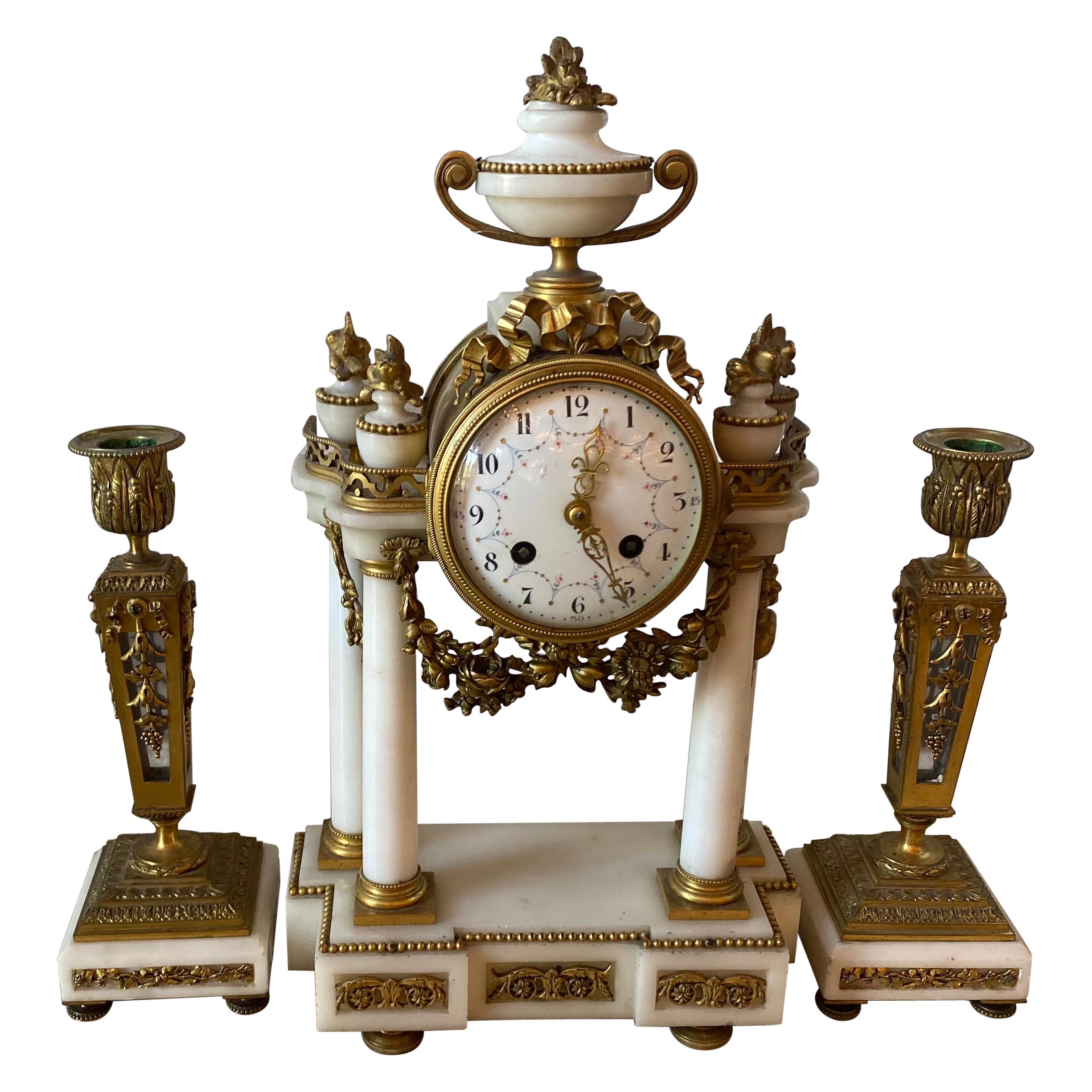 Planchon, Paris Japy Feres Bronze and Marble Clock Set