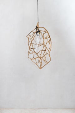Organic Woven Cage Natural Wood & Glass Sculpted Pendant Light by Jérôme Pereira