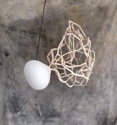 Organic Form Woven Wood & Frosted Glass, Unique Cocoon Pendant by Jérôme Pereira