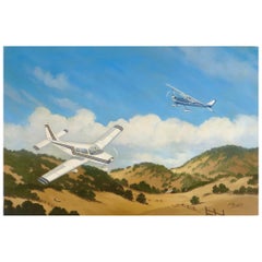 "Aviones volando sobre una ladera de California" Óleo sobre lienzo firmado N.J. Brock 1983