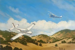 "Aviones volando sobre una ladera de California" Óleo sobre lienzo firmado N.J. Brock 1983