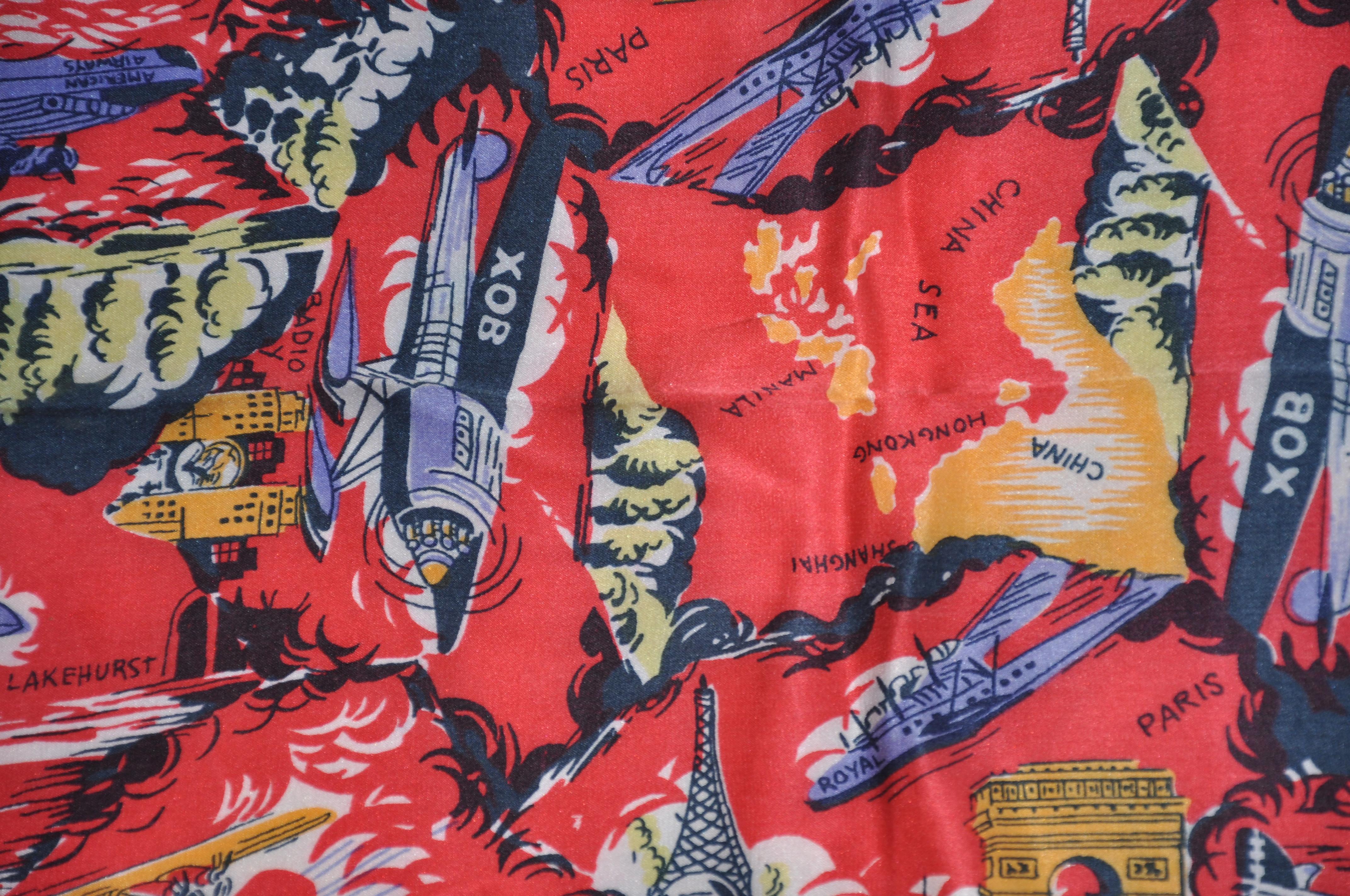     This wonderfully detailed silk scarf of Multi sizes and shapes of planes plus multi different locations of stops round the world measures 20 inches by 20 inches accented with rolled edges. Made in Japan.