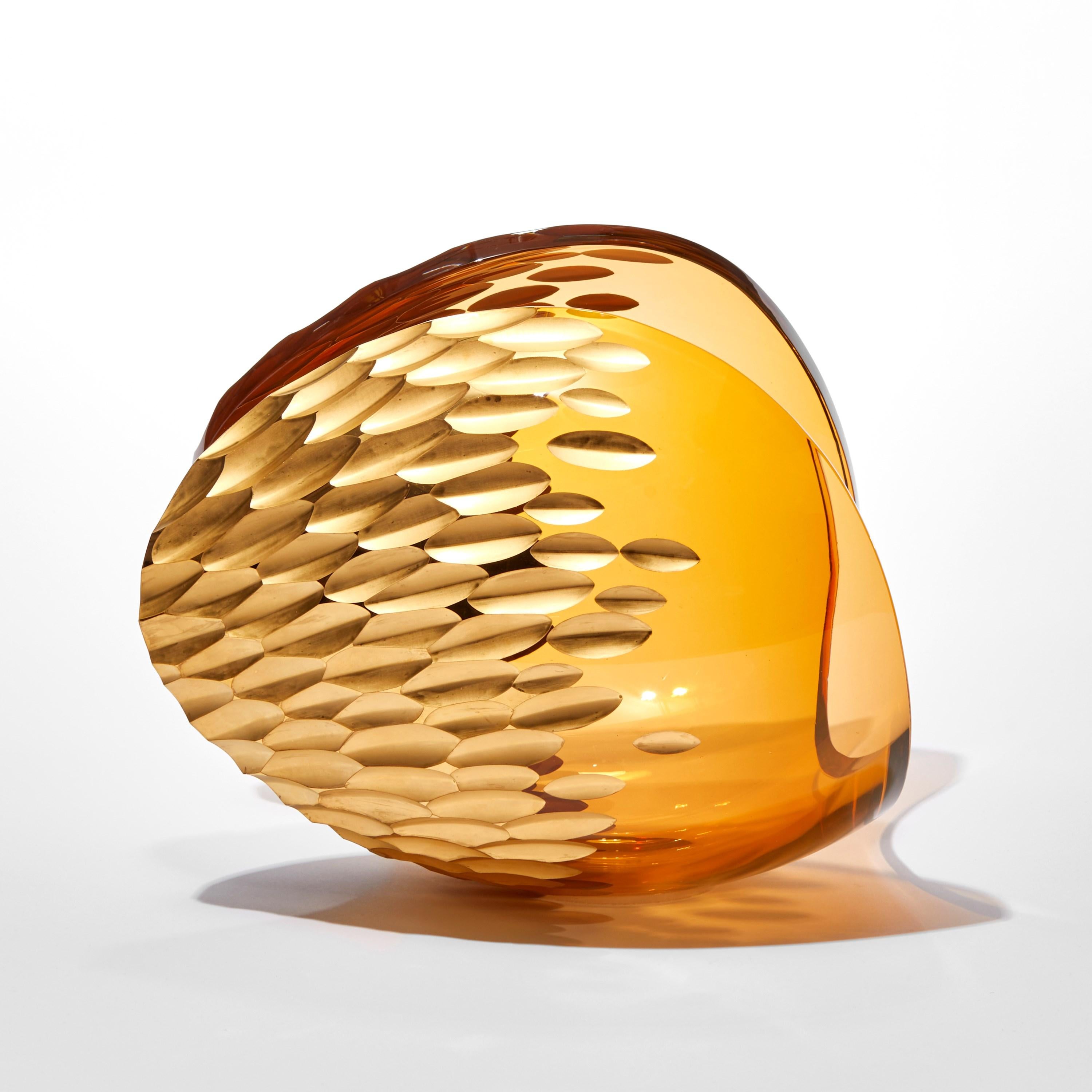 Hand-Crafted Planet in Amber Gold, a handblown glass & 23 ct gold sculpture by Lena Bergström