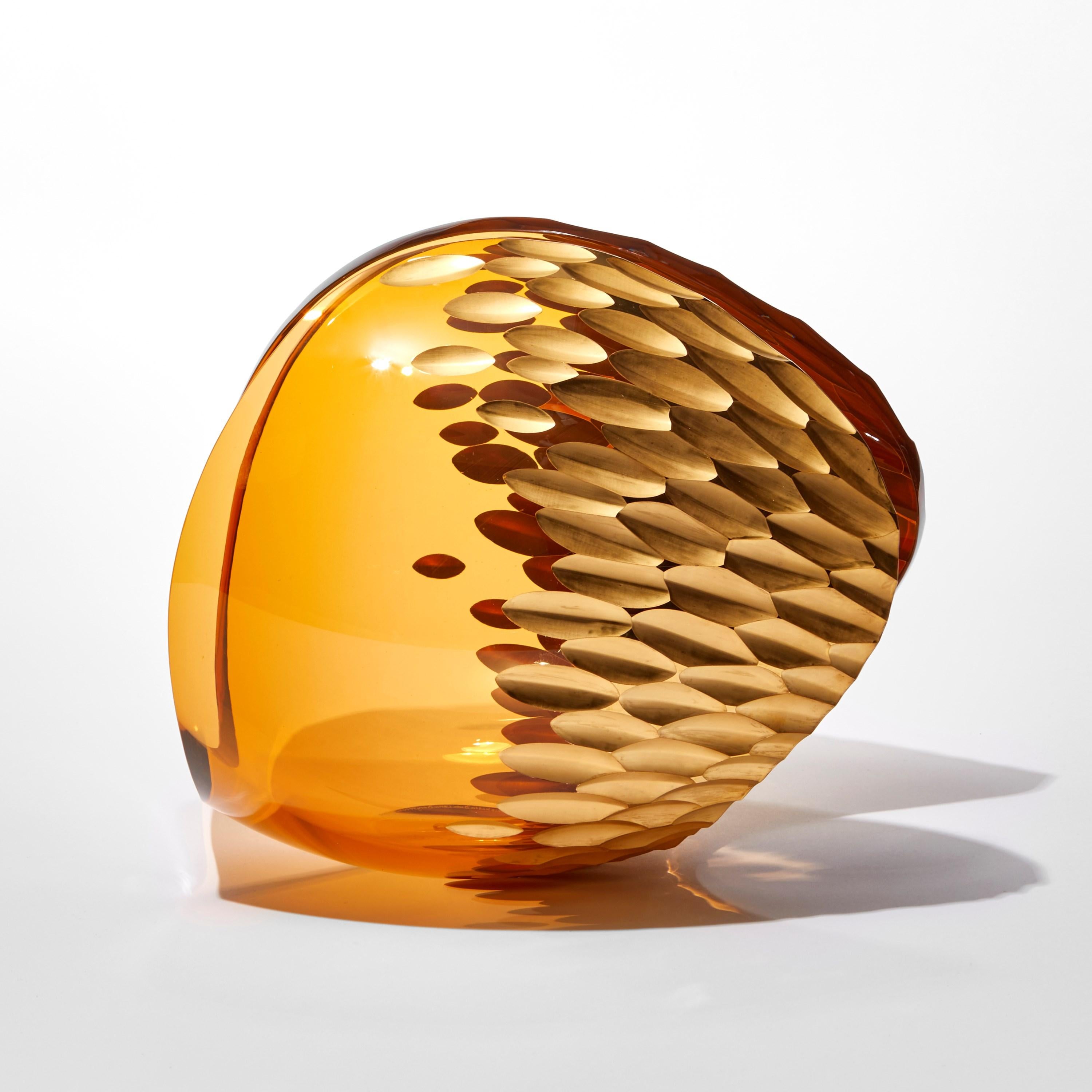 Contemporary Planet in Amber Gold, a handblown glass & 23 ct gold sculpture by Lena Bergström
