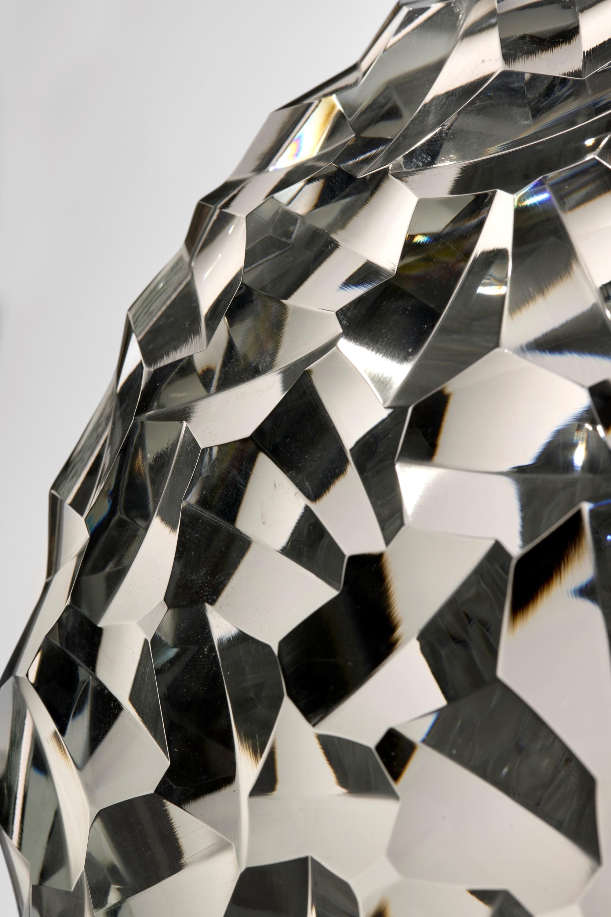 Planet in Faceted Platinum & Grey, handblown glass sculpture by Lena Bergström For Sale 2