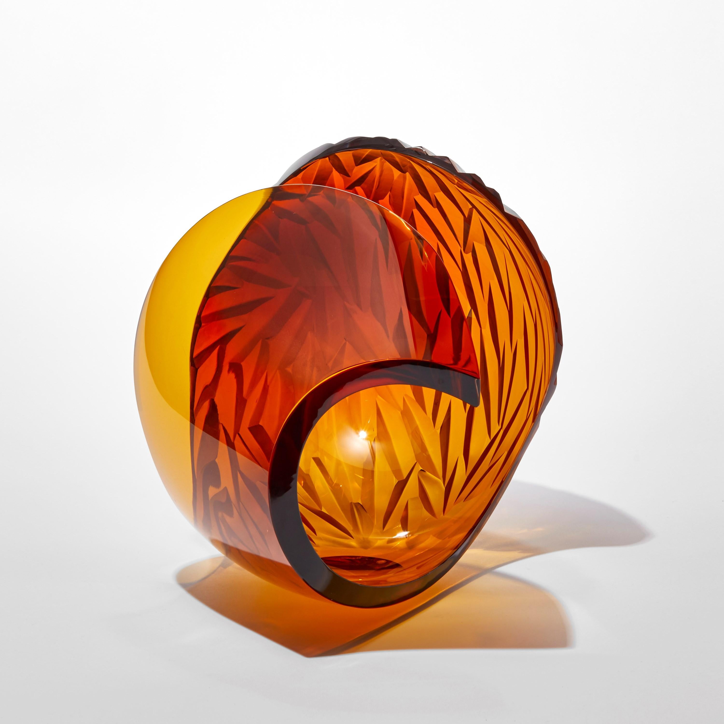 Organic Modern Planet in Magma, rich amber abstract handblown & cut sculpture by Lena Bergström