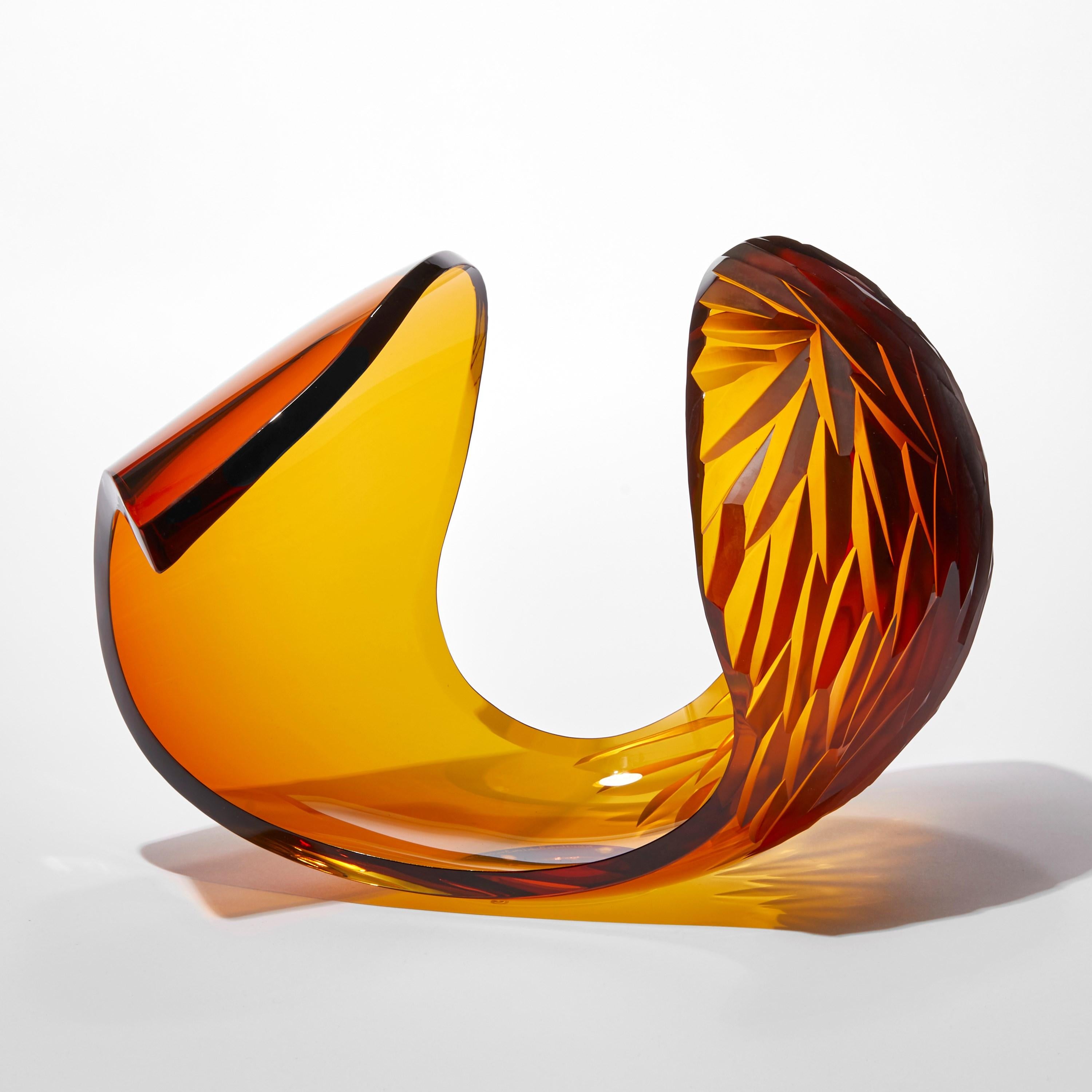 Swedish Planet in Magma, rich amber abstract handblown & cut sculpture by Lena Bergström