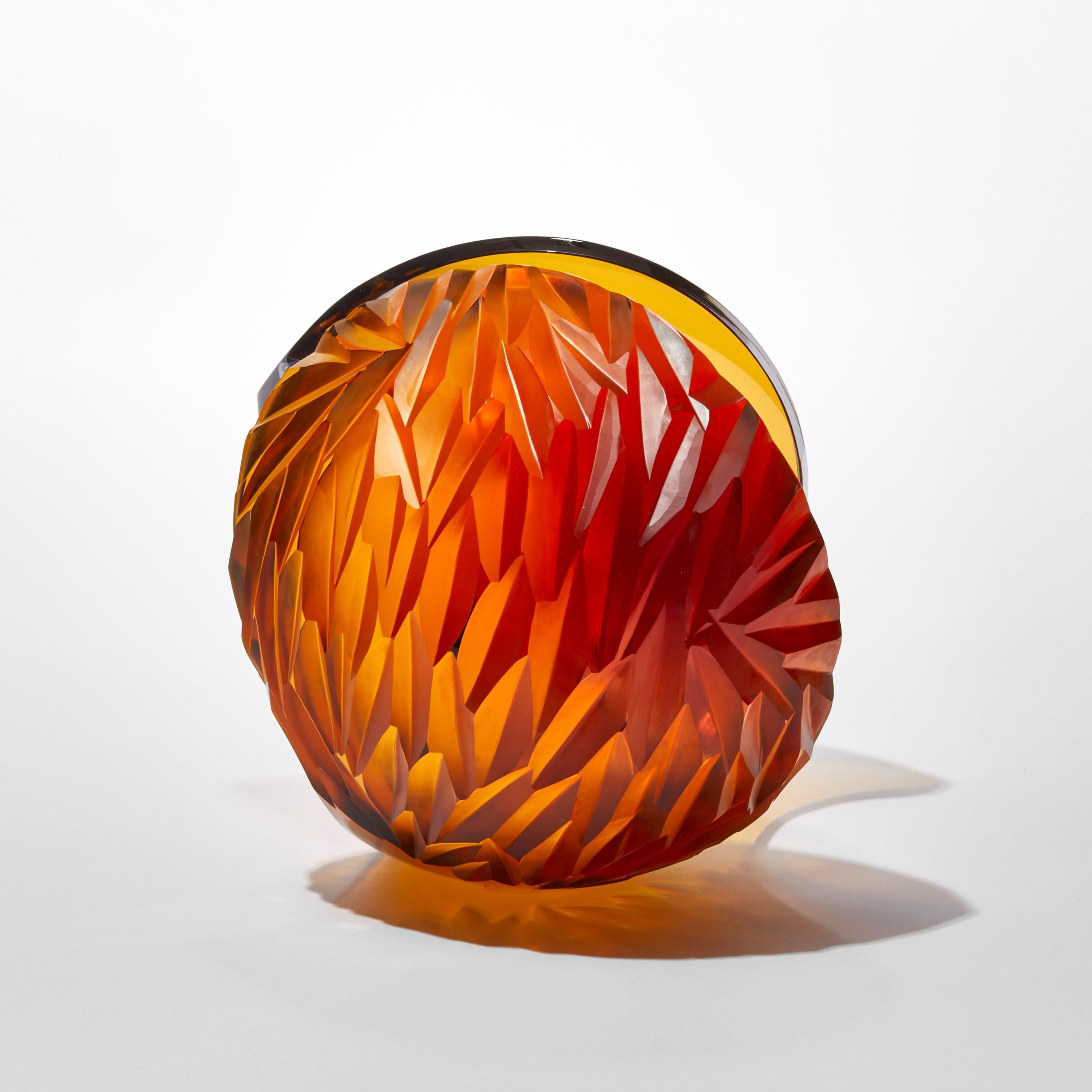Hand-Crafted Planet in Magma, rich amber abstract handblown & cut sculpture by Lena Bergström