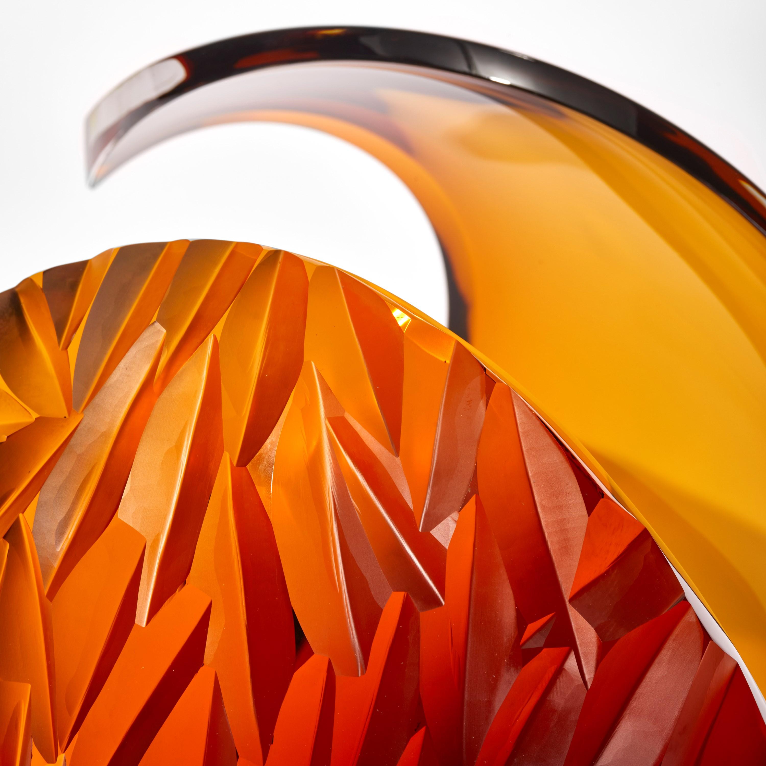 Contemporary Planet in Magma, rich amber abstract handblown & cut sculpture by Lena Bergström