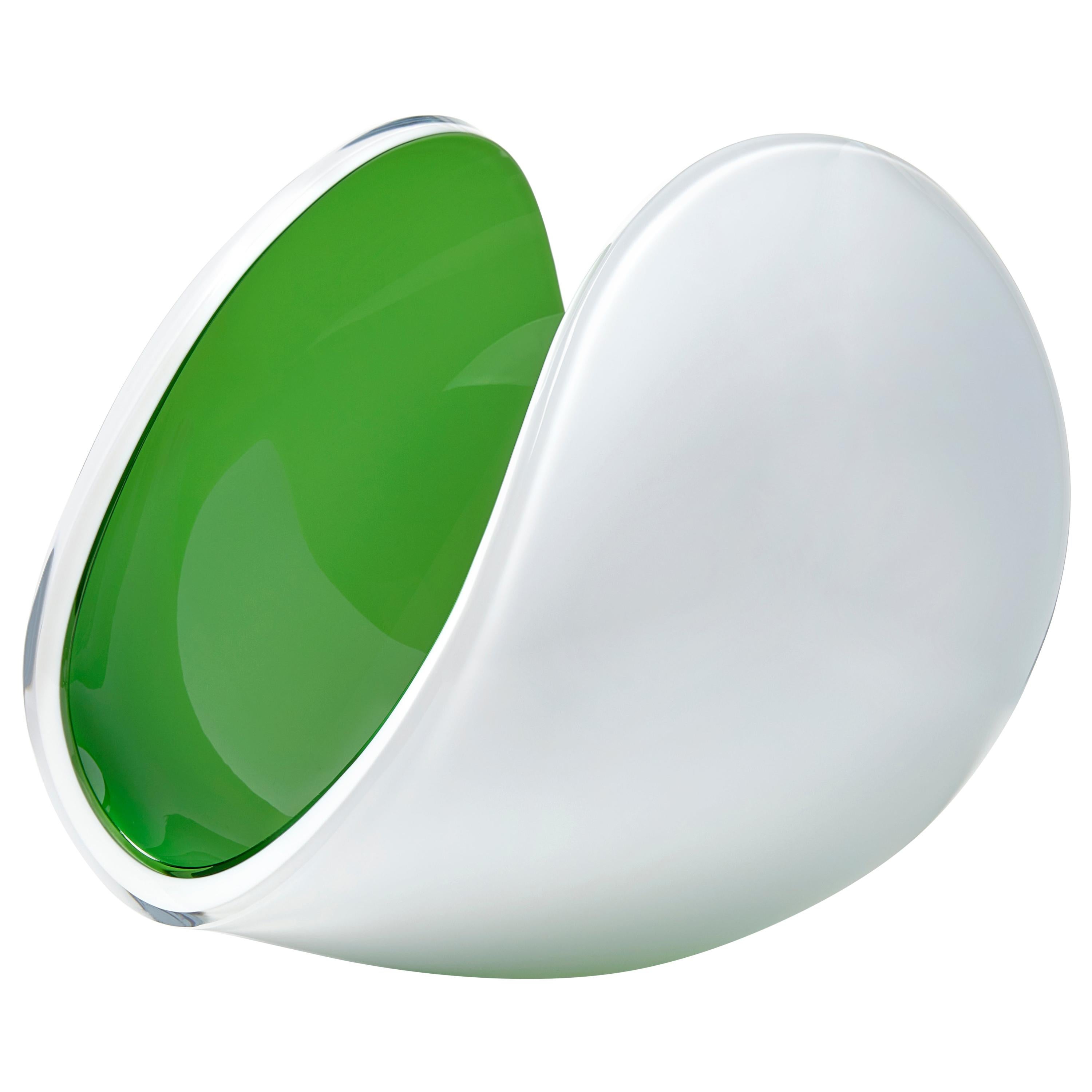 Planet in White and Apple Green, a Unique Art Glass Sculpture by Lena Bergström