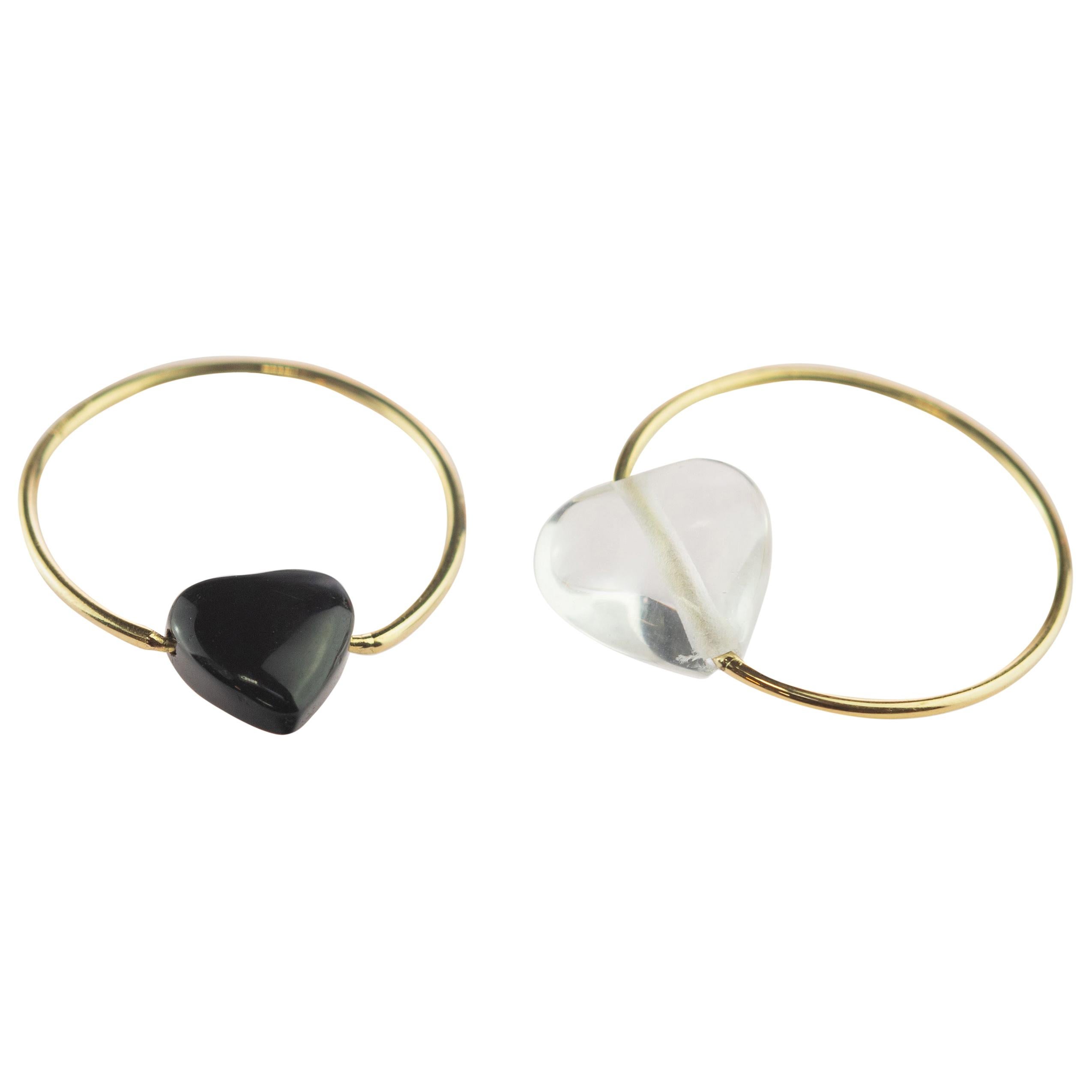Planet Love Bague à anneau bohème en or jaune 18 carats avec cœur en agate noire et cristal de roche