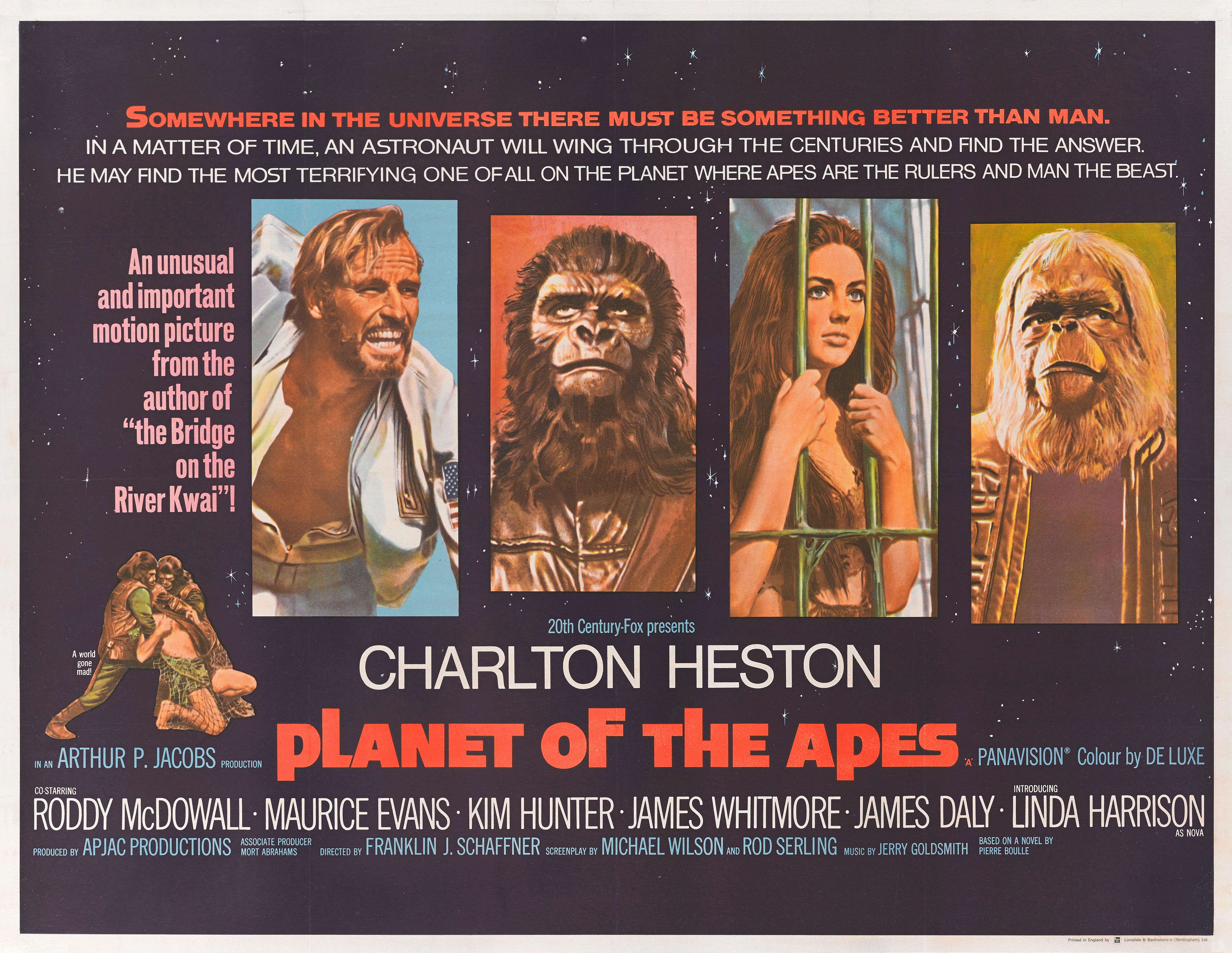 Original British film poster for the first Planet of the Apes movie in 1968.
The British poster is the best looking one on this title. This cult sci-fi film was directed by Franklin J. Schaffner, and stars Charlton Heston. It was a hugely