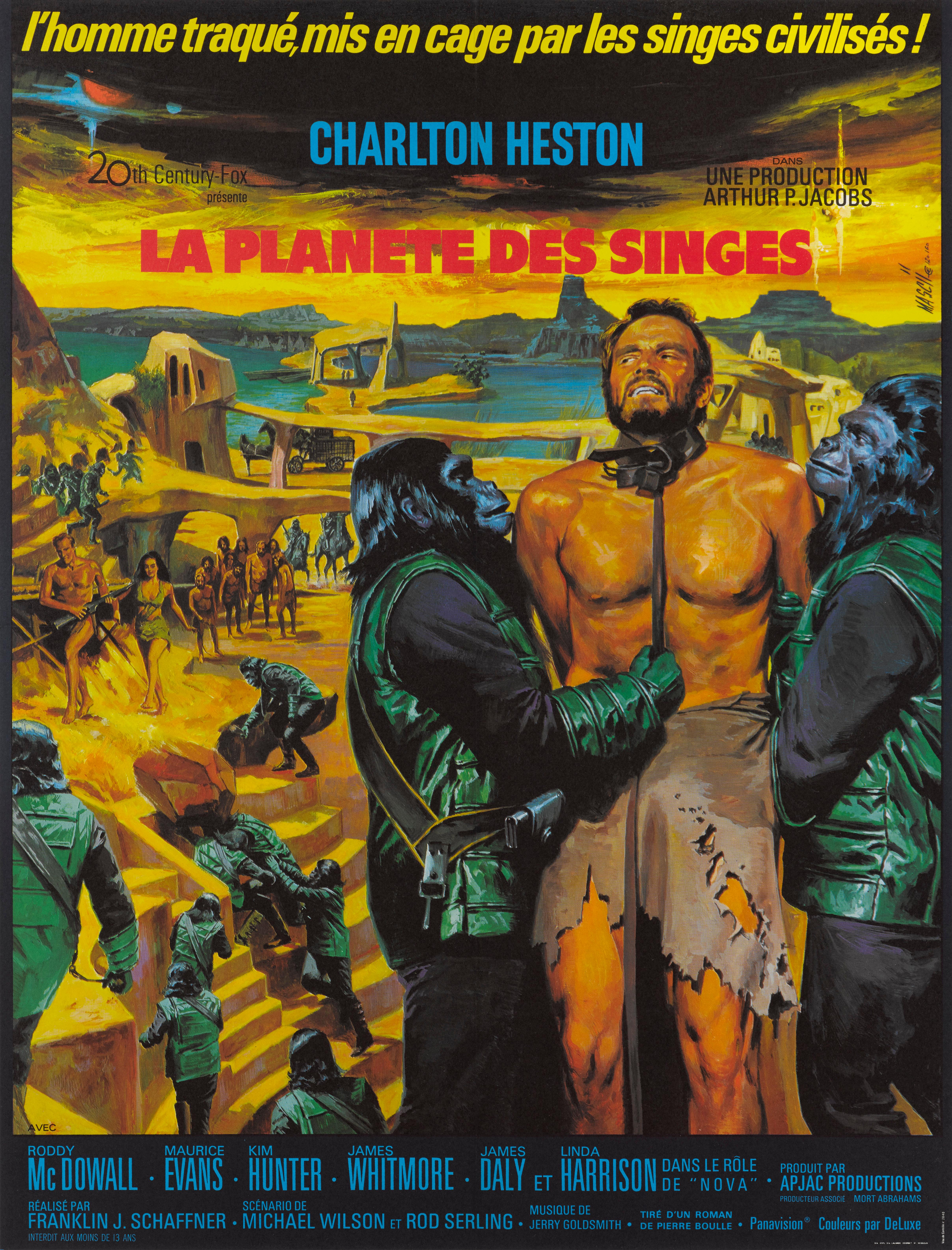 Affiche de film française originale pour le premier film de la Planète des singes en 1968.
L'illustration de cette affiche est unique à la sortie française du film et a été conçue par Jean Mascii (1926-2003), l'un des affichistes les plus connus de