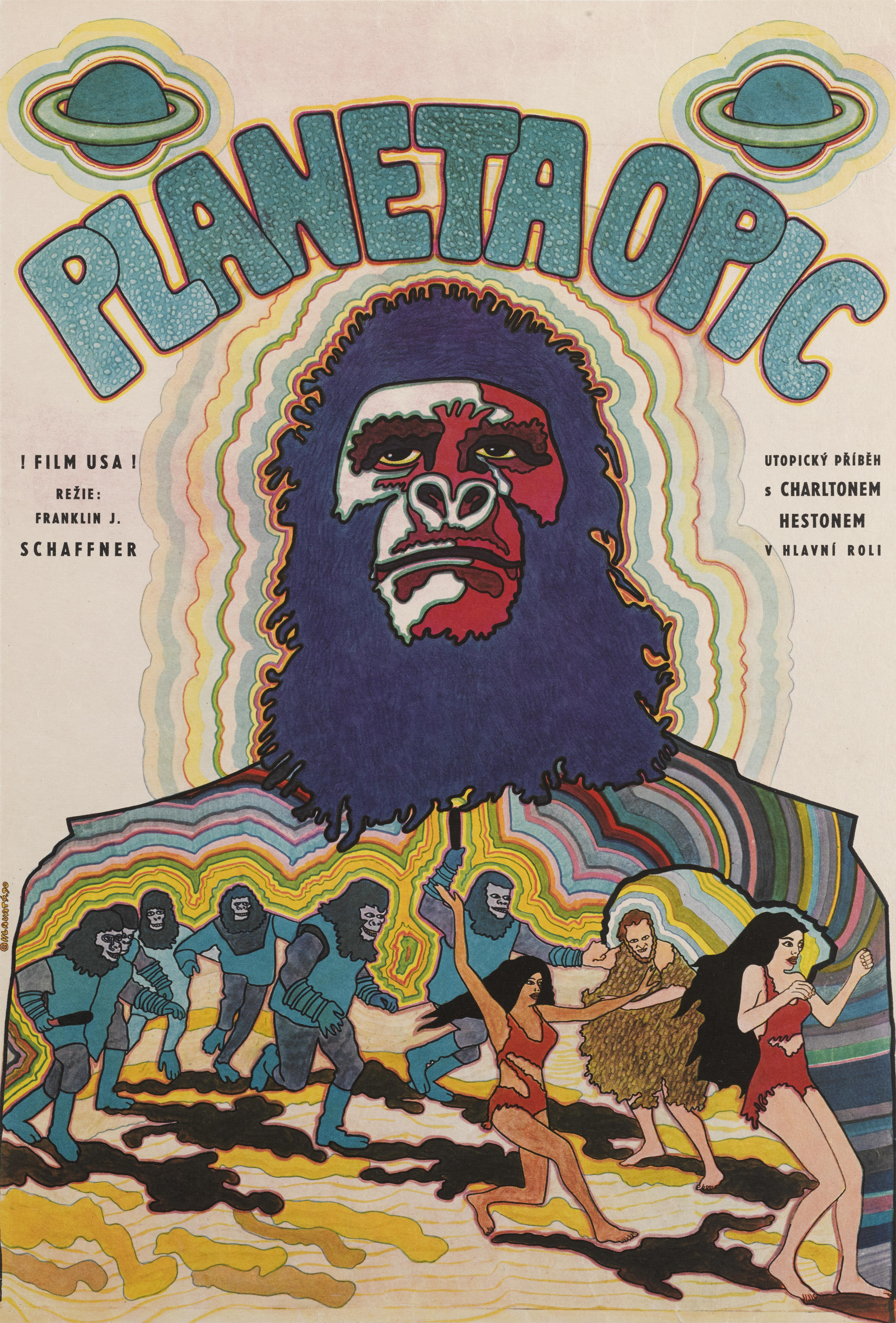 Original Czech film poster for the first Planet of the Apes movie in 1968.
vratislav hlavatý created this great looking poster for The films first Czech release in 1970.
This cult sci-fi film was directed by Franklin J. Schaffner, and stars Charlton