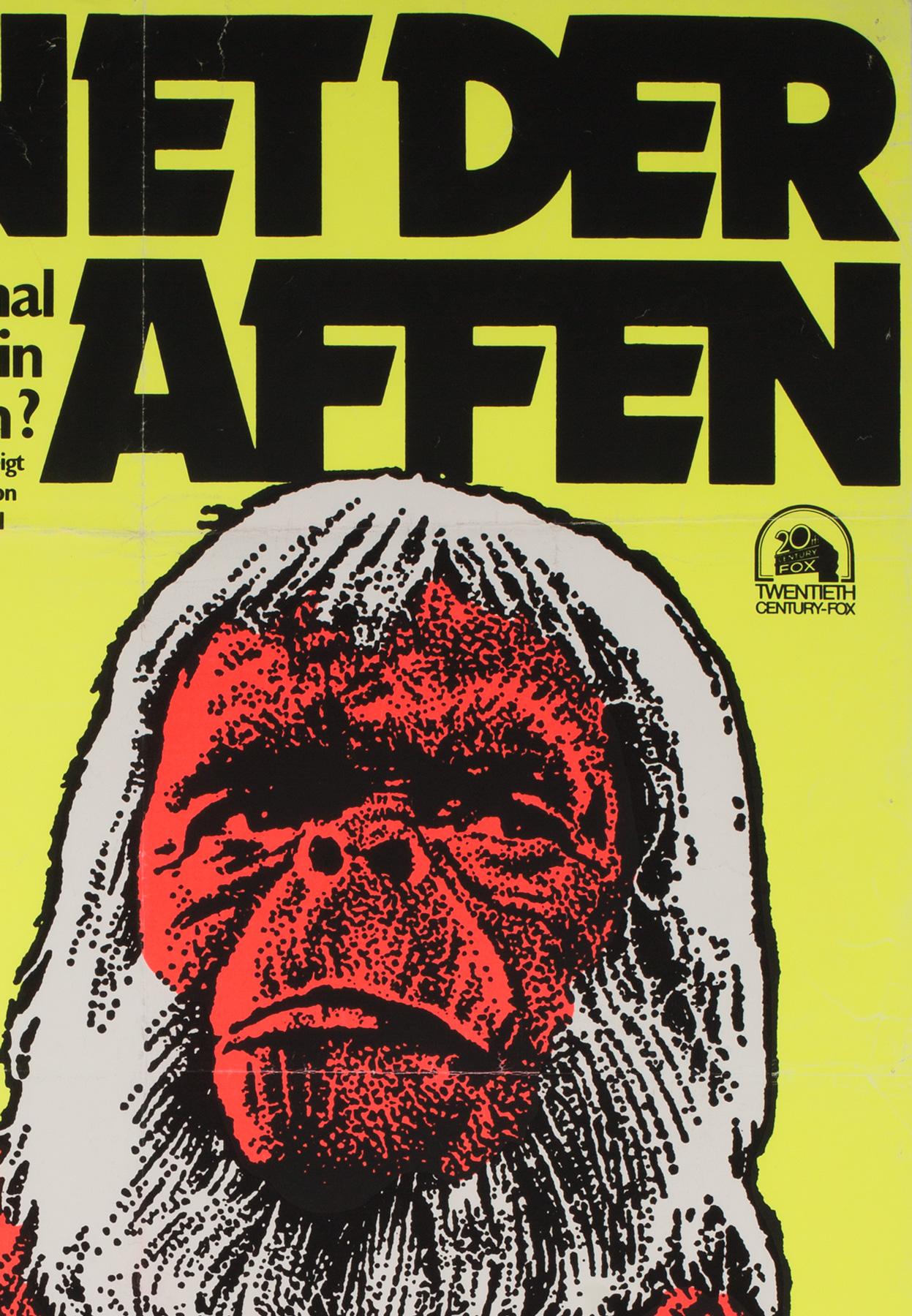 The fabulous 1975 East German re-release for Planet of the Apes. Fantastic fluorescent day-glow colors. Looks fab under a black light/UV light (as shown in the last image).

This very rare vintage movie poster is sized 23 1/4 x 33 inches.