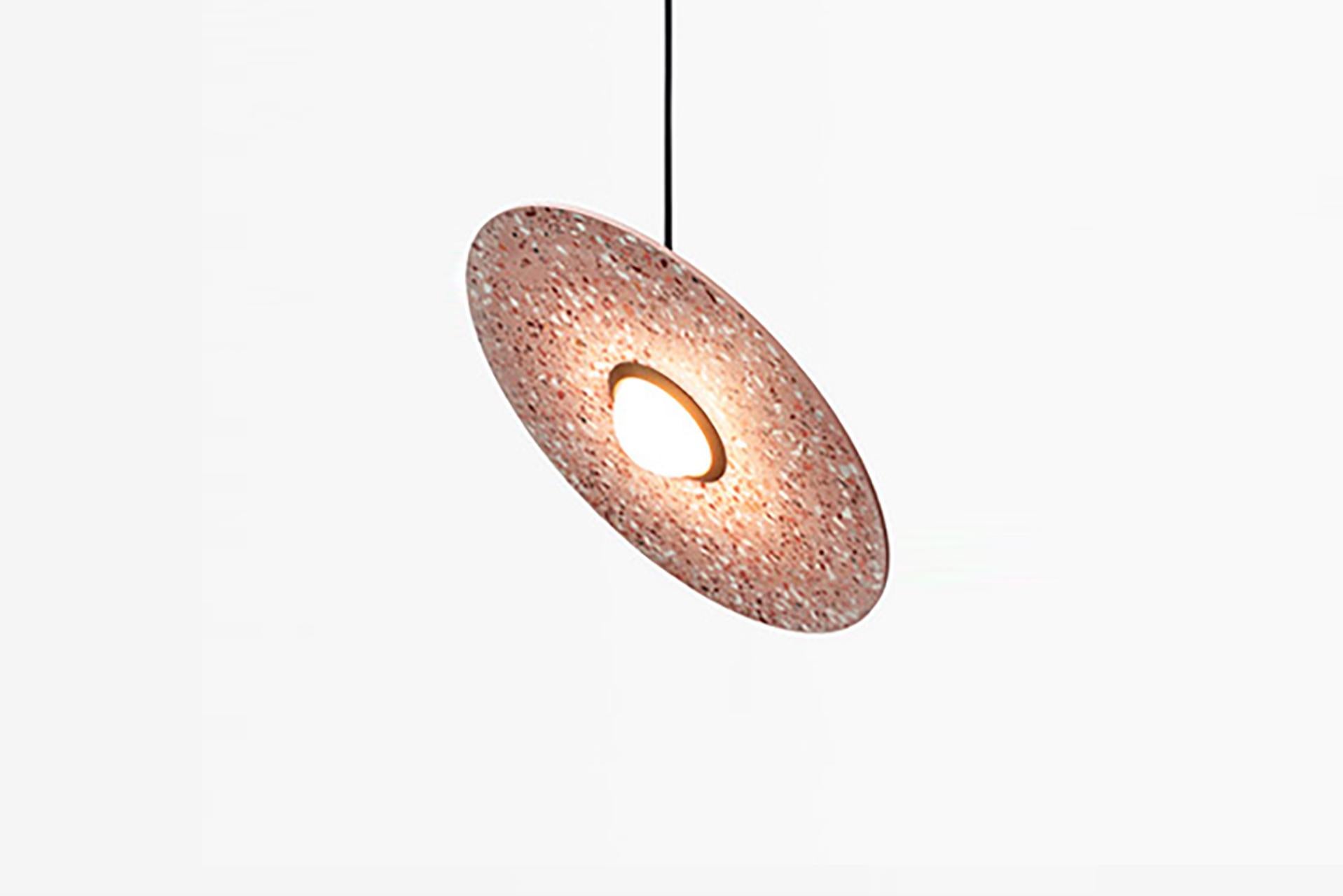 Terrazzo pendant lamps designed by Cantonese studio Bentu Design

Black wire 2m adjustable. Bulb G4 LED / 220V / 3W
Measures: Ø 45 × H 15.5 cm

These pendant lamps are available in different colors of terrazzo: White, black, red or blue.

Bentu