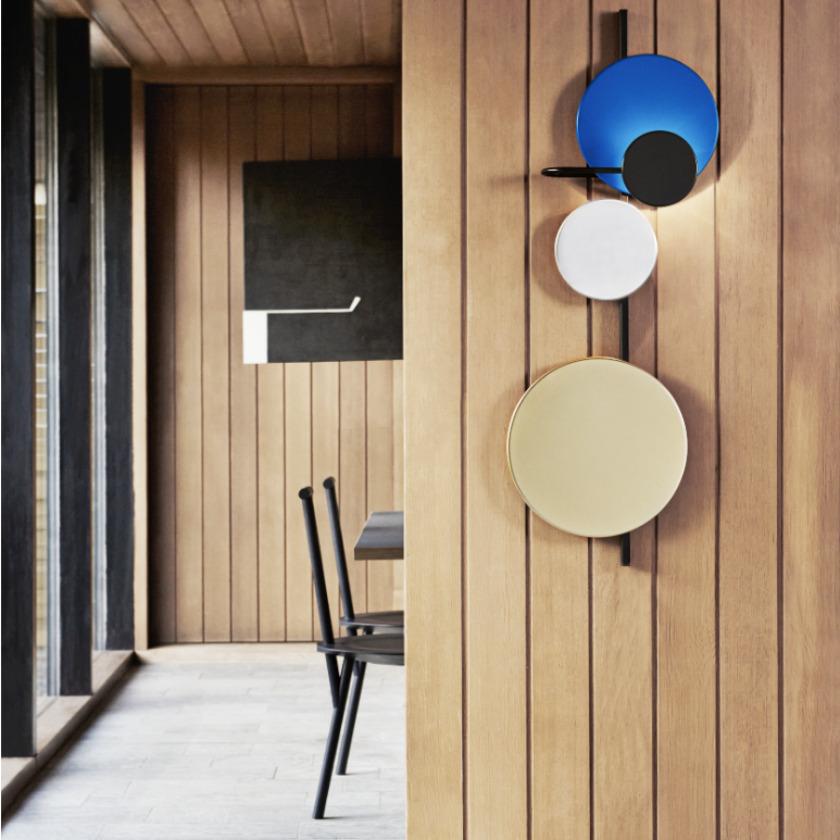 Modern Planet Wall Lamp with Electric Blue Steel, Brass, Aluminum Disc by Mette Schelde For Sale