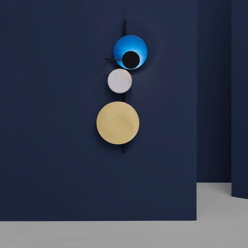 Danish Planet Wall Lamp with Electric Blue Steel, Brass, Aluminum Disc by Mette Schelde For Sale