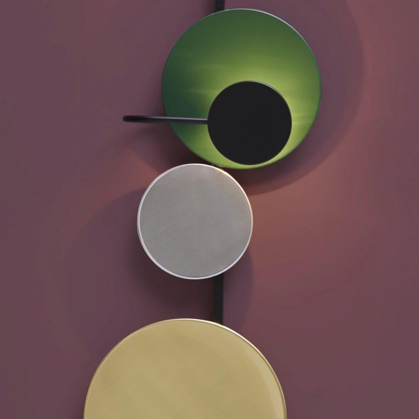Planet Wall Lamp with Fig Purple Steel, Brass & Aluminum Disc by Mette Schelde In New Condition For Sale In Brooklyn, NY