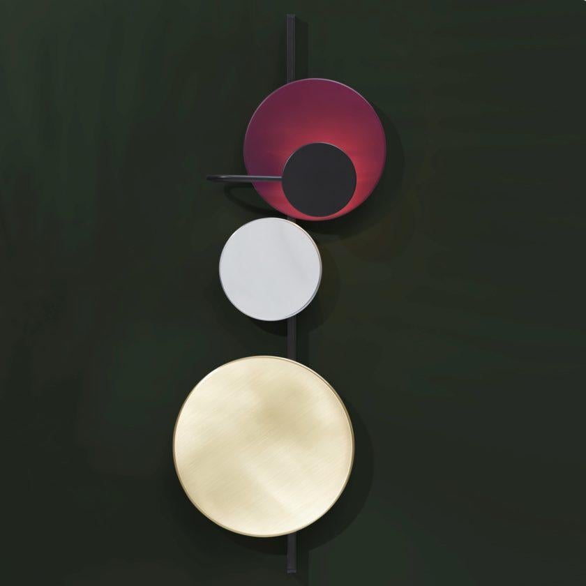 Danish Planet Wall Lamp with Indian Red Steel, Brass & Aluminum Disc by Mette Schelde For Sale