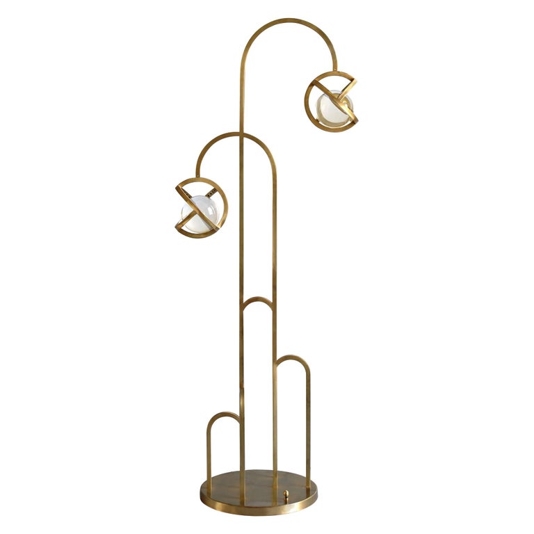 Planetaria Floor Lamp, Brass Frame and Glass Sphere by Lara Bohinc For Sale