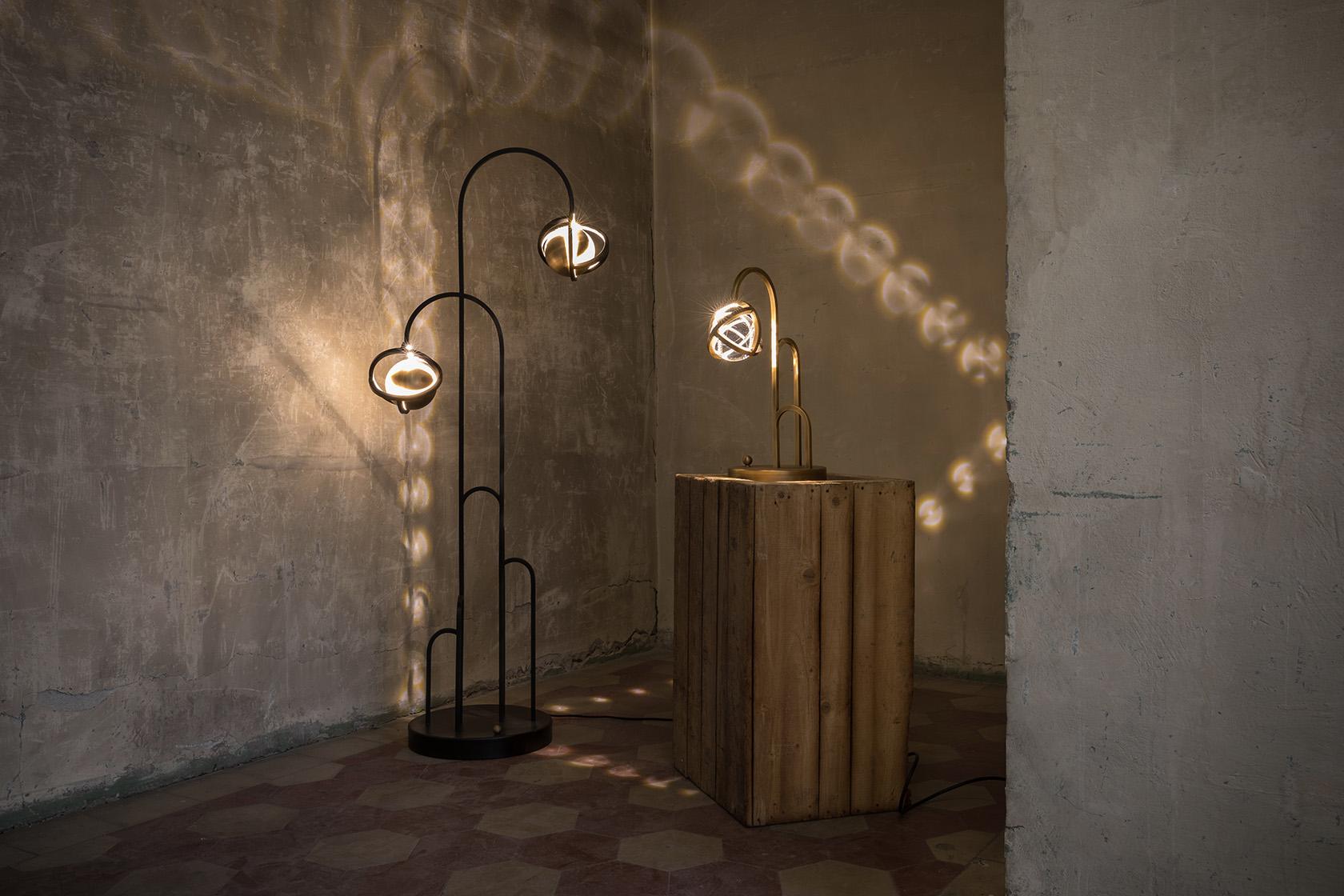 Portuguese Planetaria Floor Lamp, Dark Brass Frame and Glass Sphere by Lara Bohinc For Sale