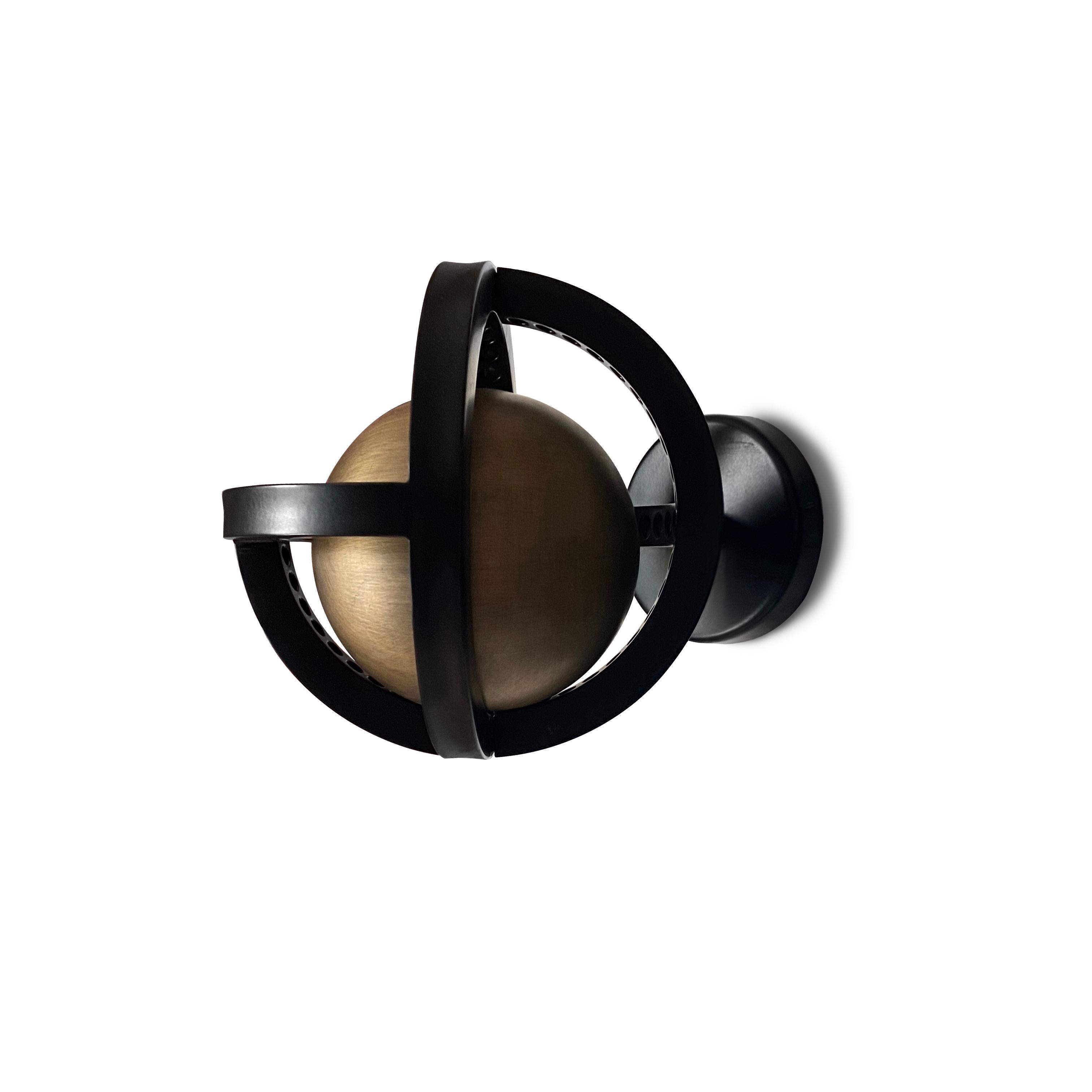 Modern Planetaria Wall Light, Black Steel Frame with Dark Brass Sphere by Lara Bohinc For Sale