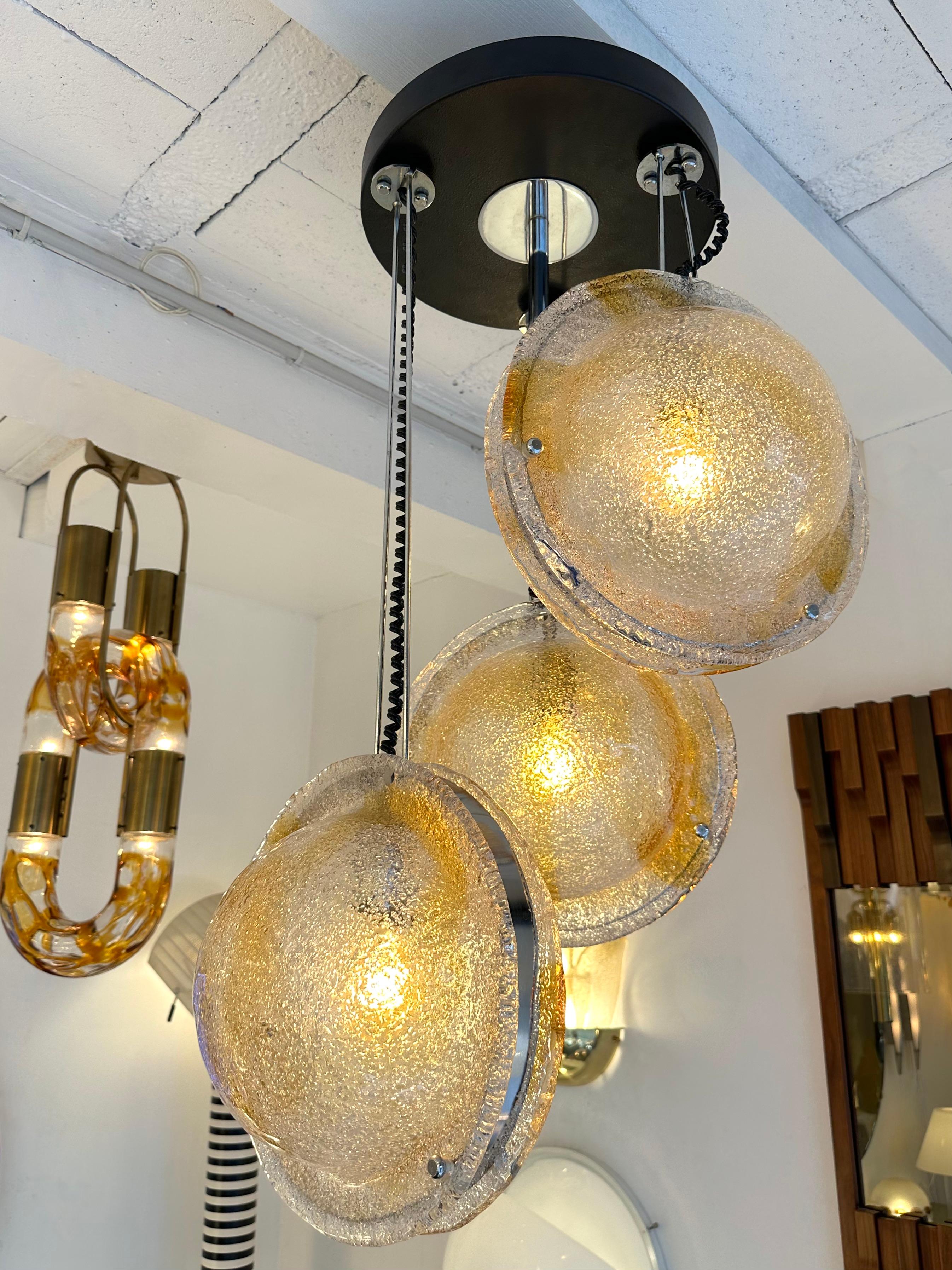 Mid-Century Modern Planetarium Chandelier Amber Murano Glass and Metal by VeArt, Italy, 1970s For Sale
