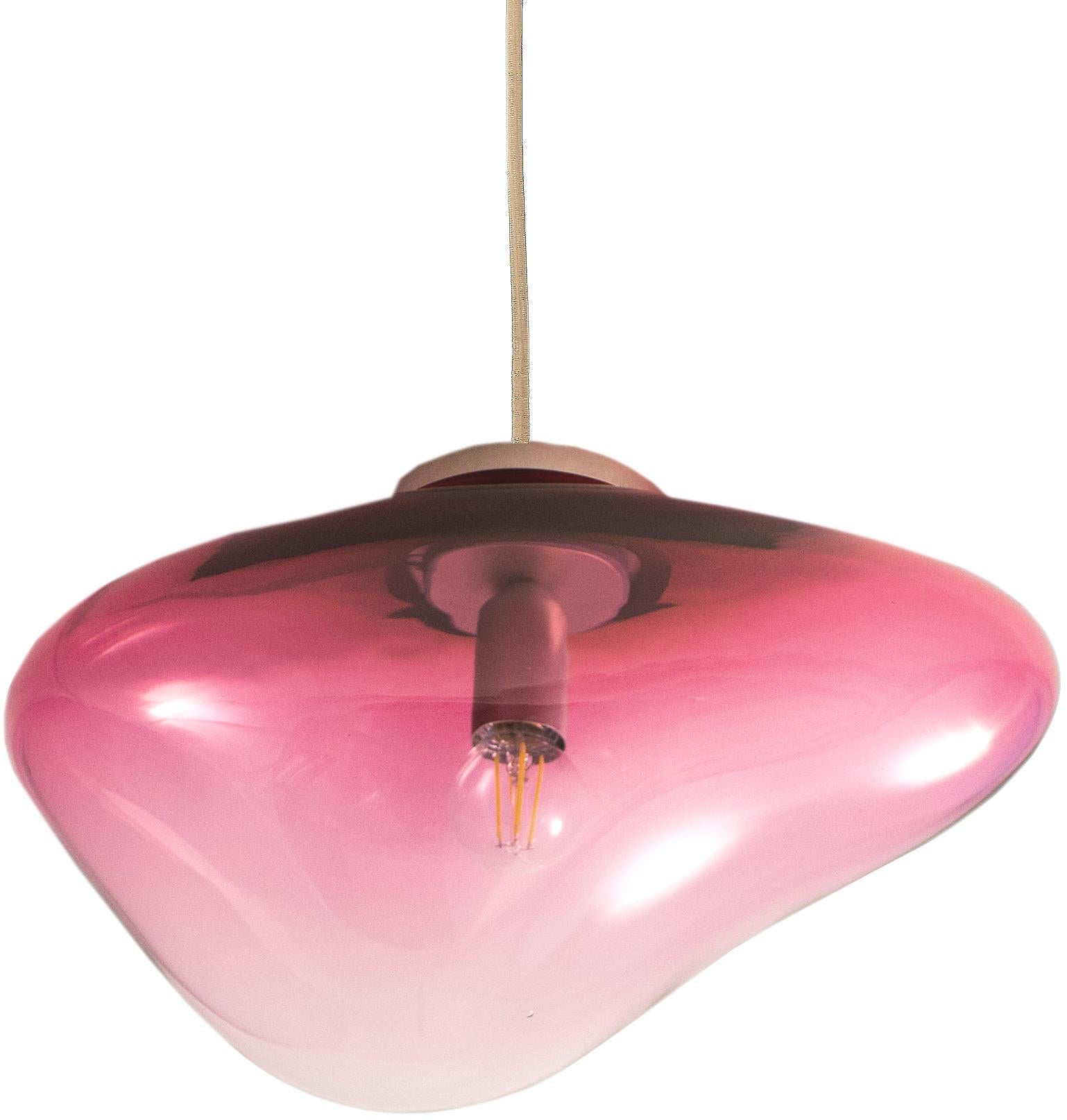 Planetoide Erosi Brilliant Ruby pendant by ELOA
No UL listed 
Material: glass, steel, silver, LED Bulb
Dimensions: D30 x W30 x H250 cm
Also available in different colours and dimensions.

All our lamps can be wired according to each country. If sold