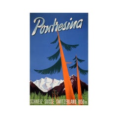 Circa 1950 original Swiss travel poster for the alpine village of Pontresina