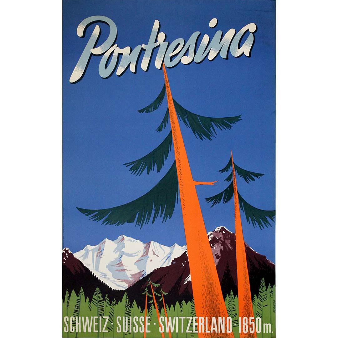 Circa 1950 original Swiss travel poster for the alpine village of Pontresina