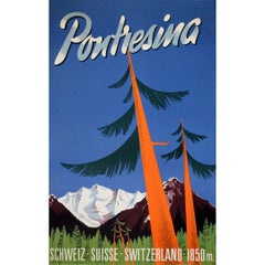 Circa 1950 original Swiss travel poster for the alpine village of Pontresina