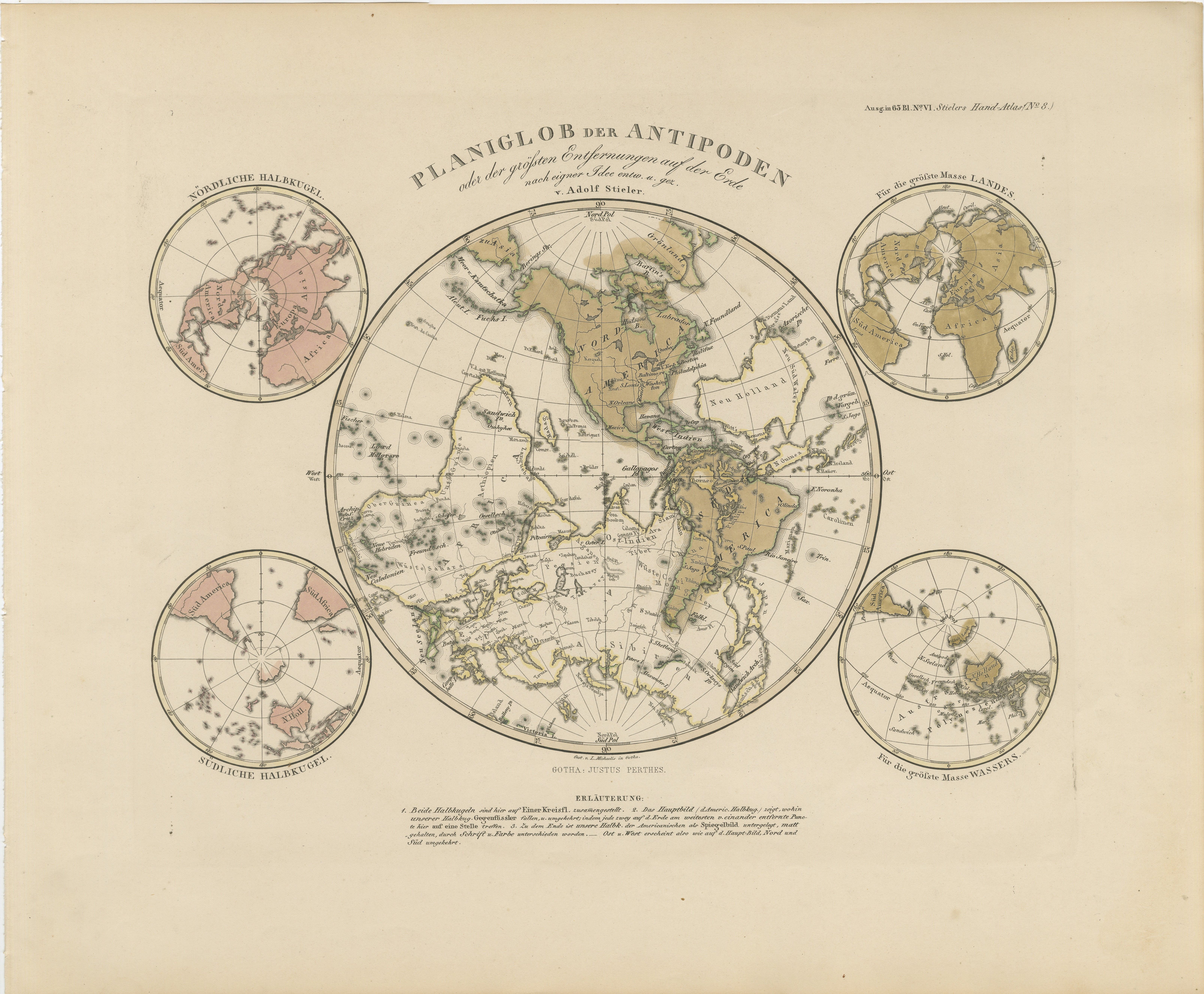 Planiglob degli Antipodi - Mappa a proiezione globale unica 1857

Questa rara e affascinante stampa antica mostra un 