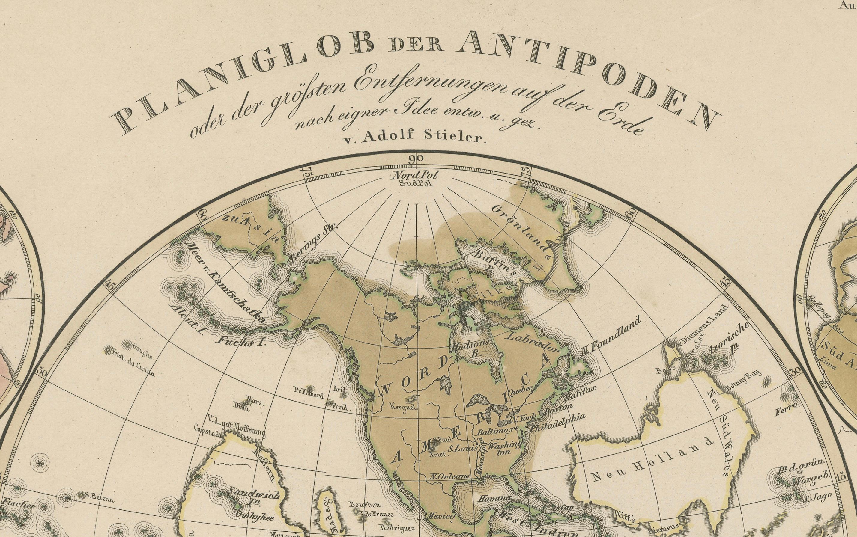 Tedesco Planiglob degli Antipodi - Mappa a proiezione globale unica 1857 in vendita