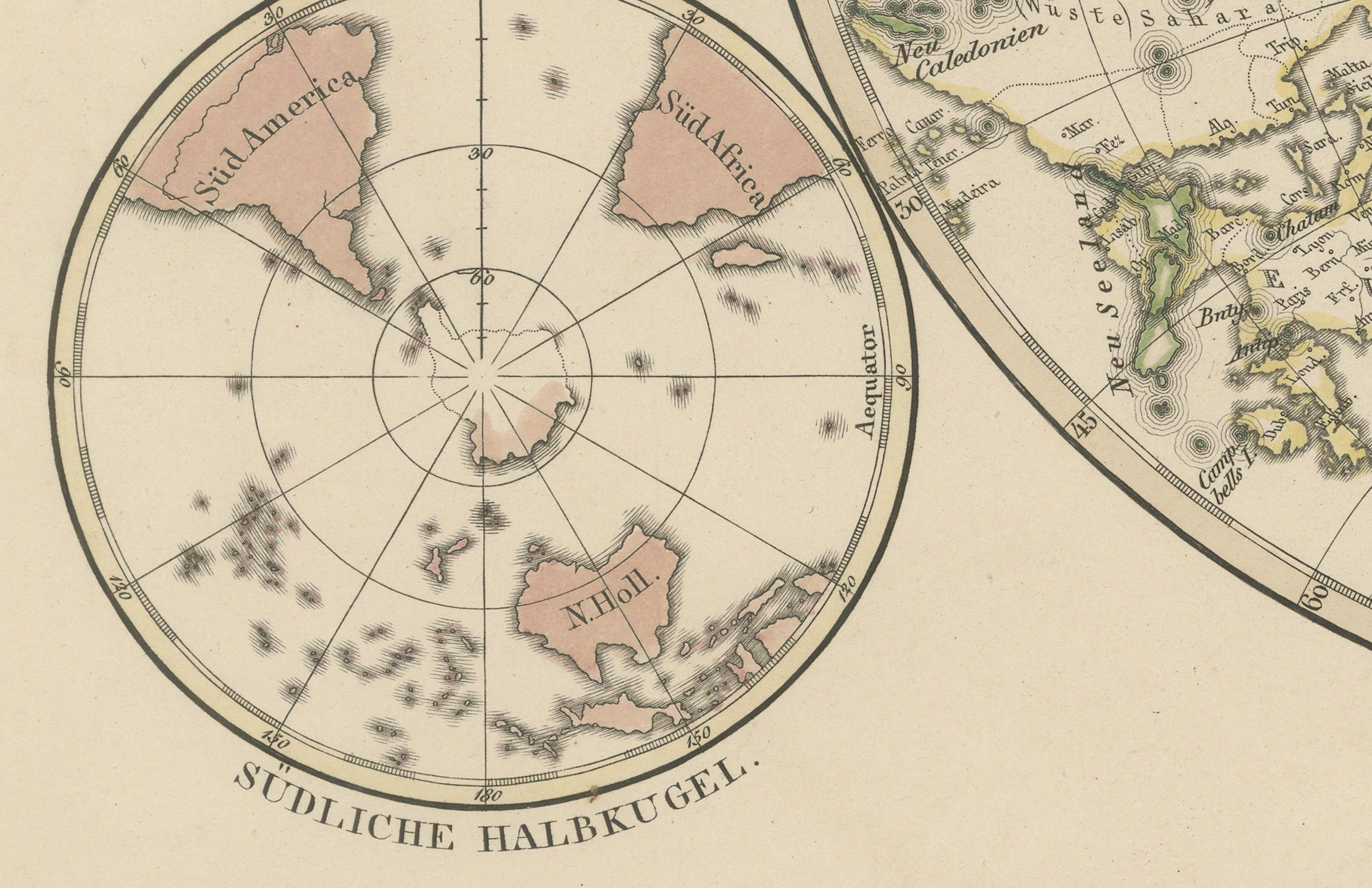 Carta Planiglob degli Antipodi - Mappa a proiezione globale unica 1857 in vendita