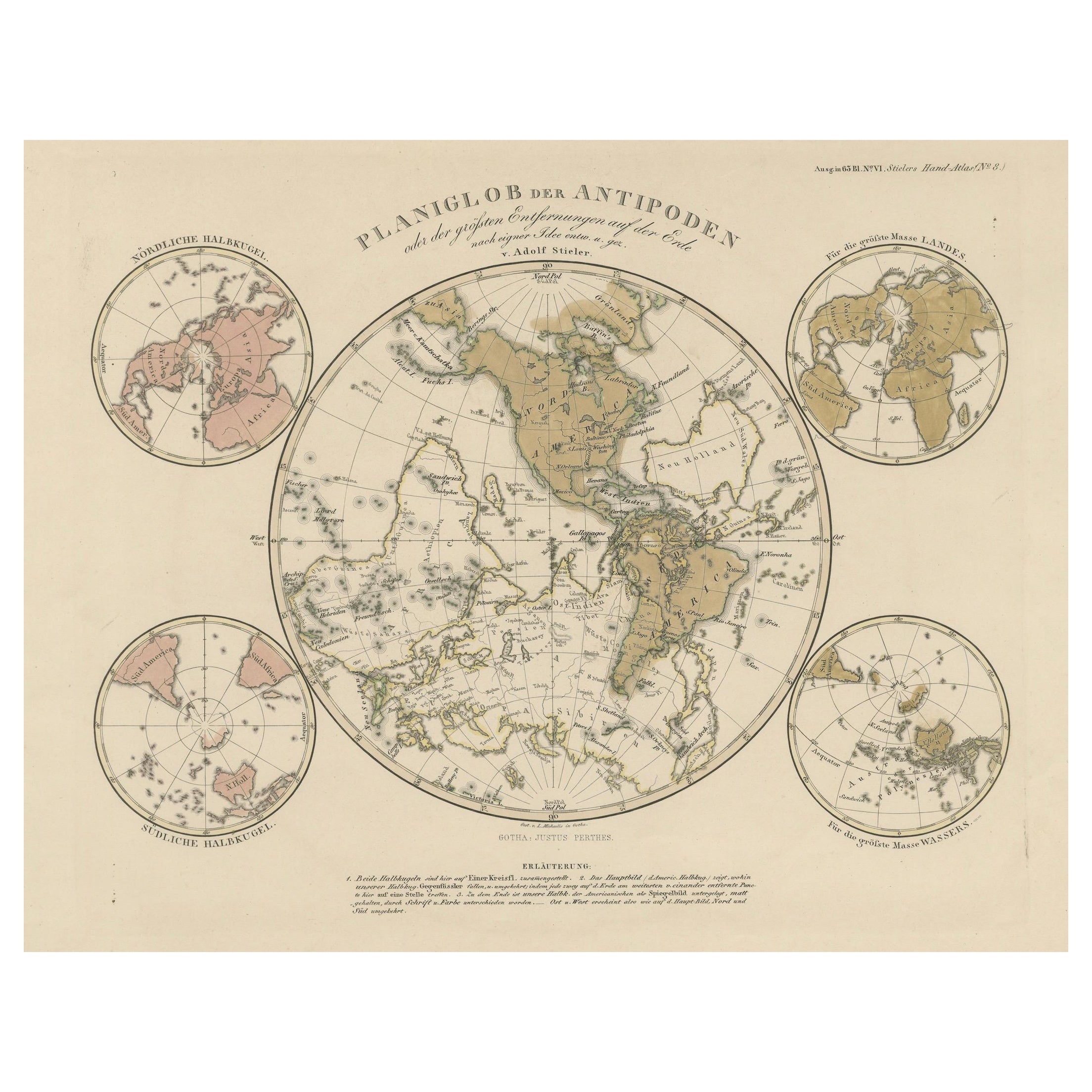 Planiglob degli Antipodi - Mappa a proiezione globale unica 1857 in vendita