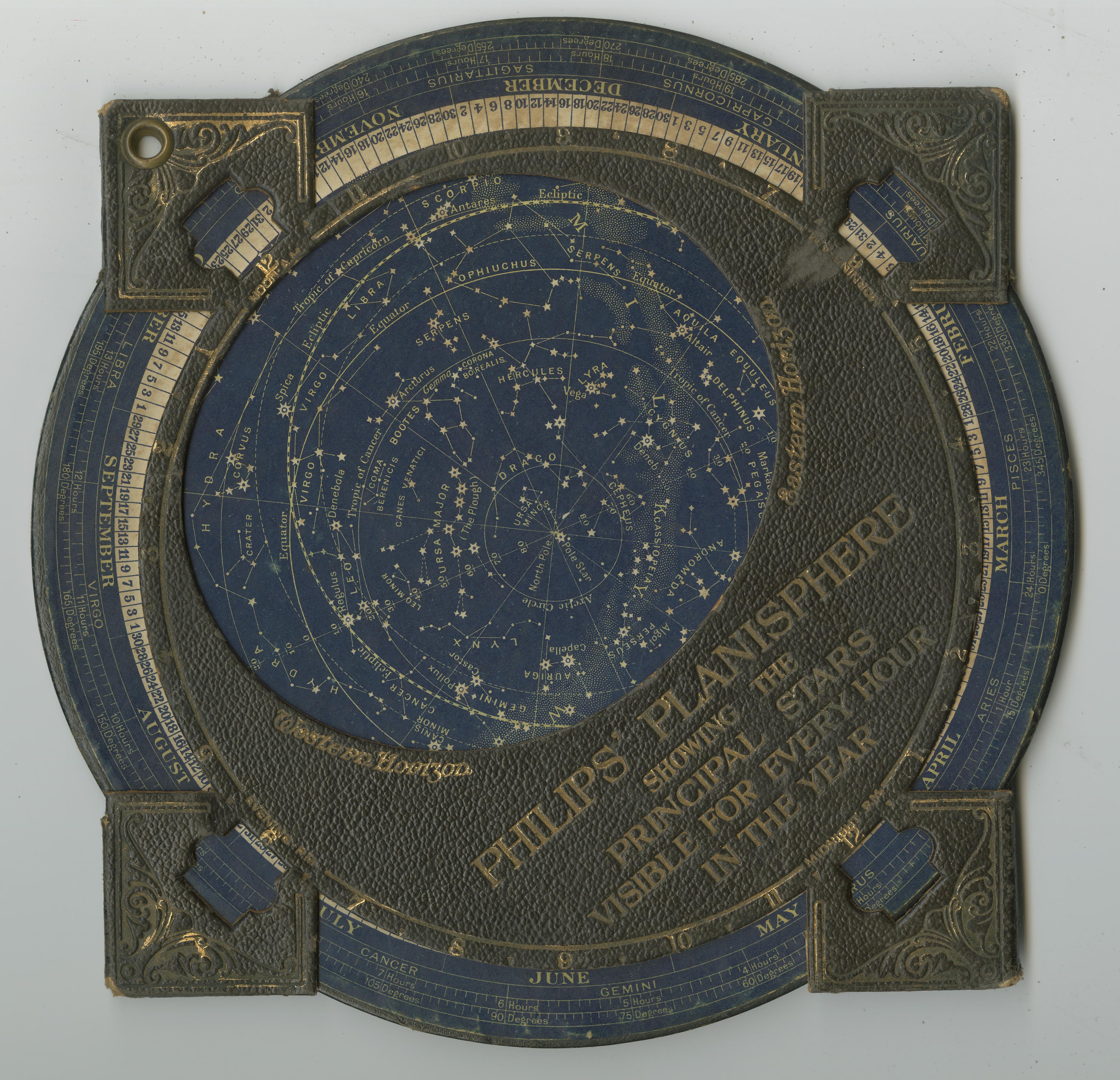 Planisphere. Philips' Planisphere showing the Principal Stars, circa 1890

Planisphere. Philips' Planisphere showing the Principal Stars Visible for Every Hour in the Year, circa 1905, is a detailed celestial chart. The chart is printed in blue and